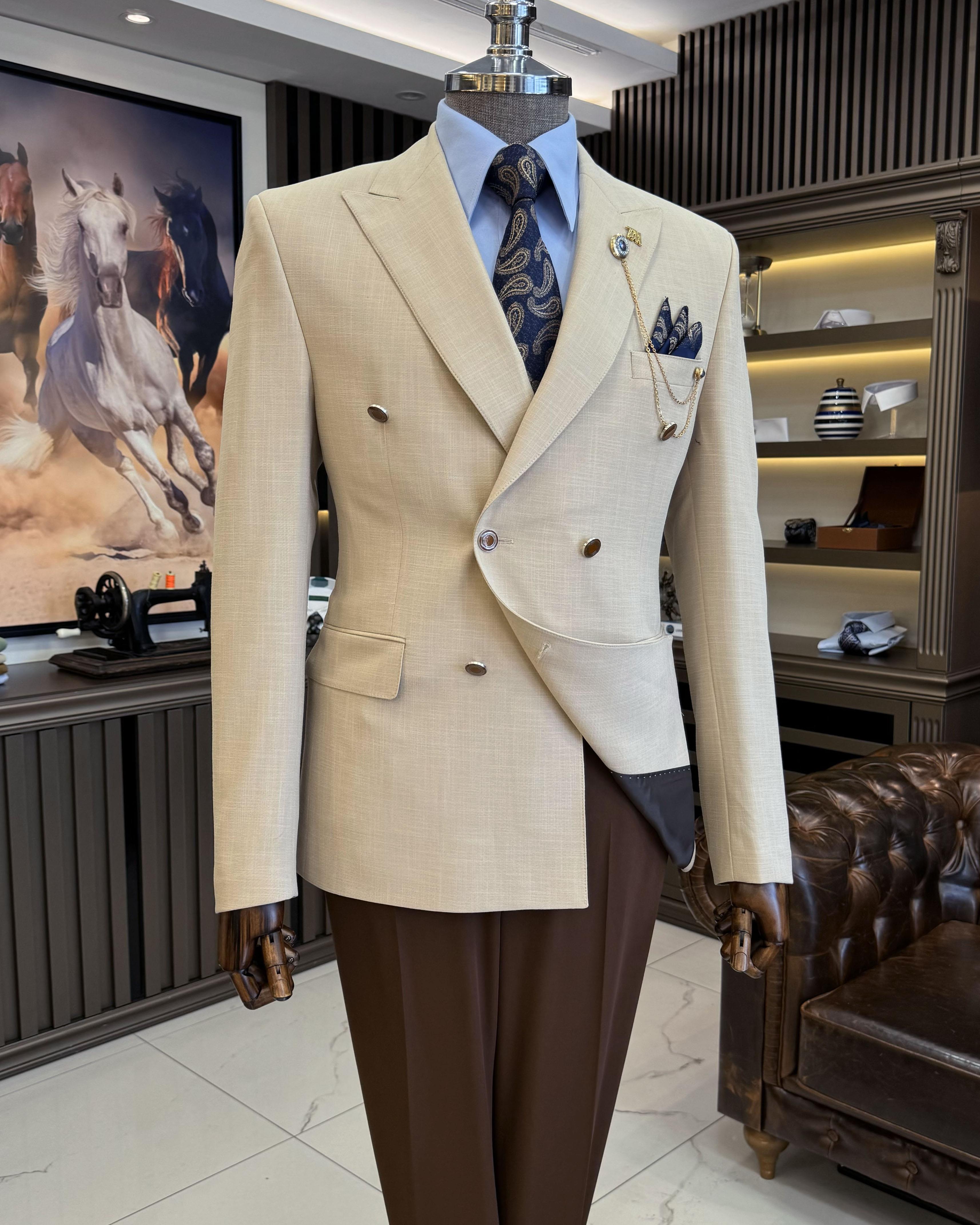 İtalyan stil erkek slim fit kırlangıç yaka keten karışımlı kruvaze ceket bej T11986