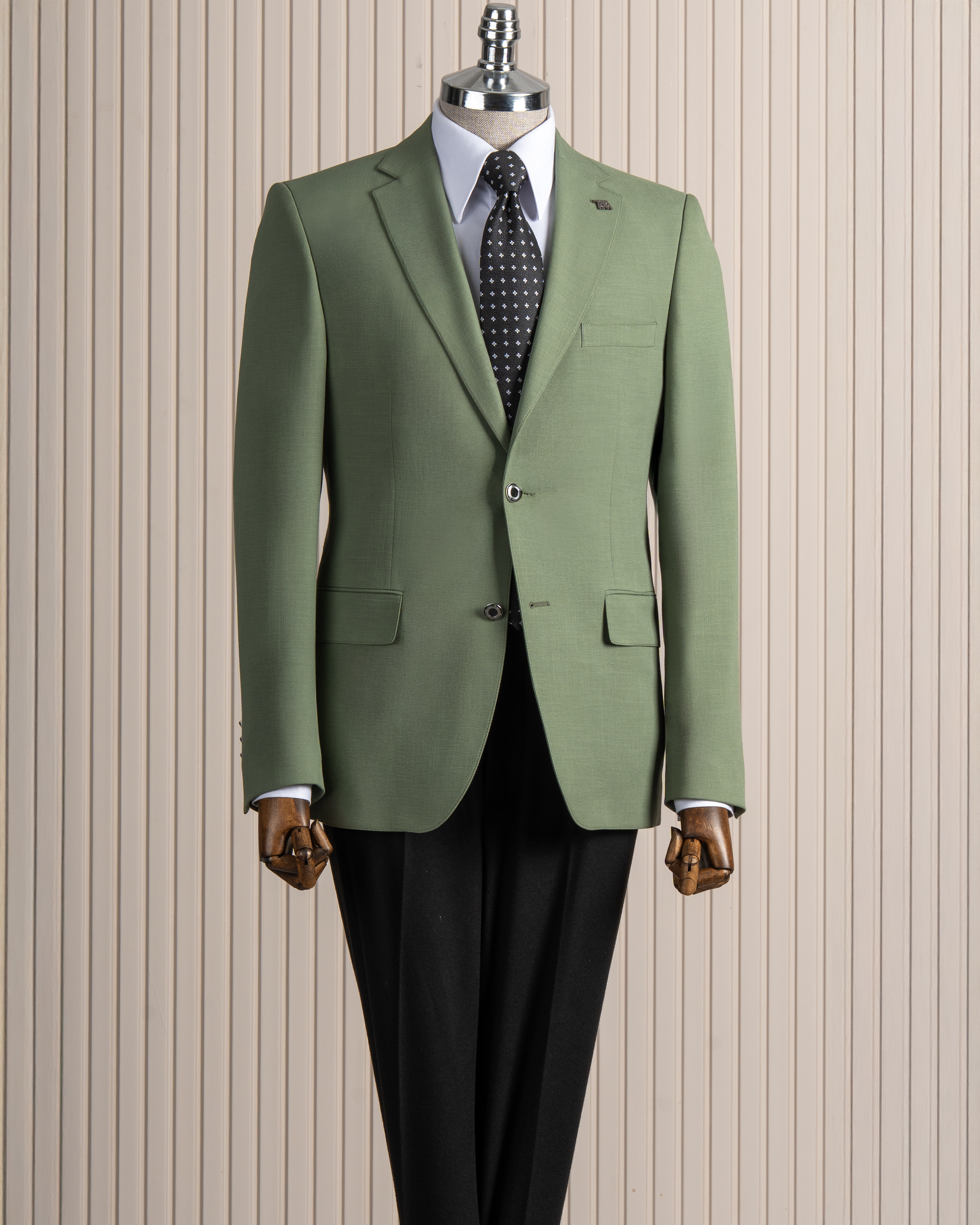 İtalyan stil erkek slim fit kırlangıç yaka keten karışımlı kruvaze ceket Yeşil T8298