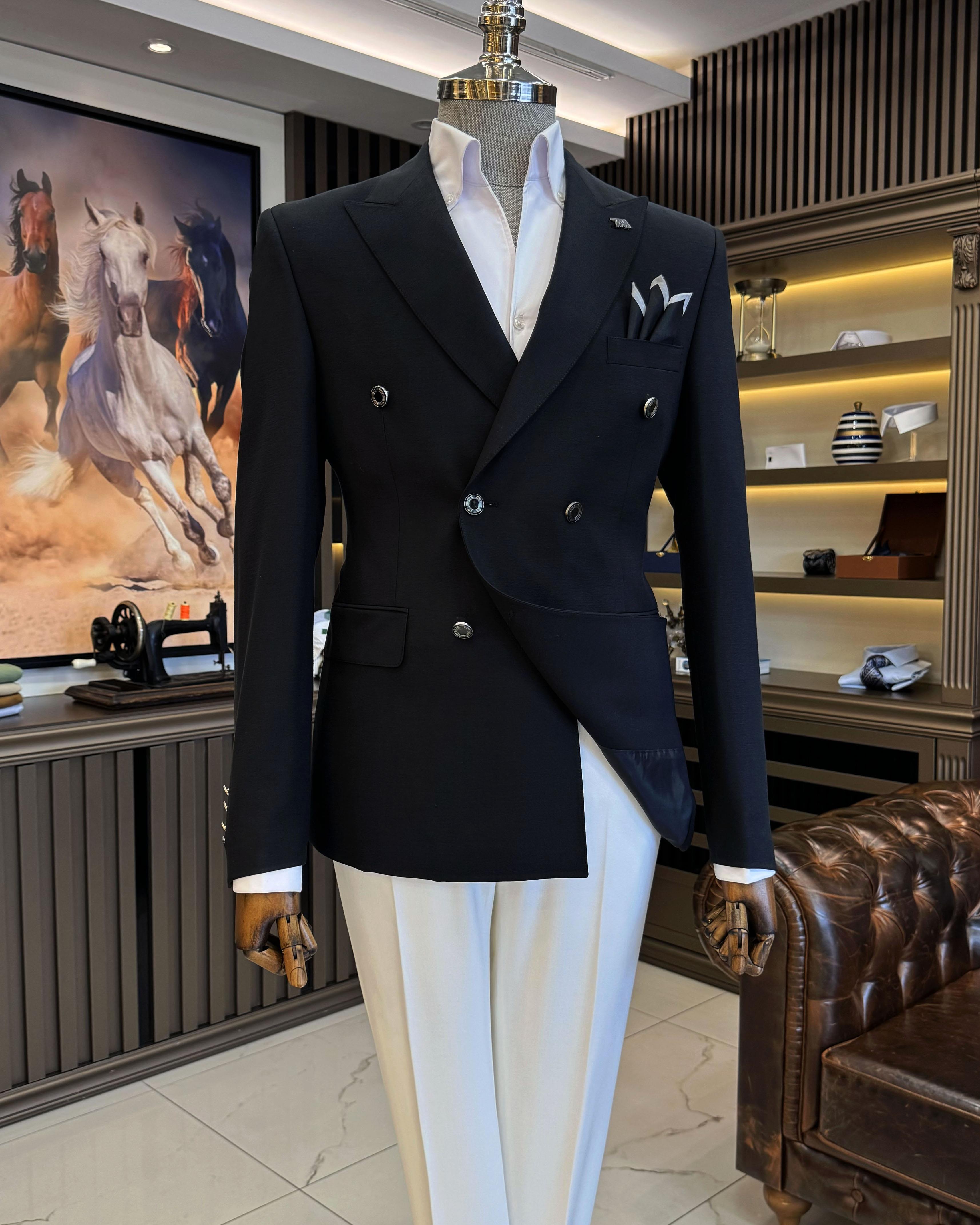 İtalyan stil erkek slim fit kırlangıç yaka keten karışımlı kruvaze ceket siyah T11994
