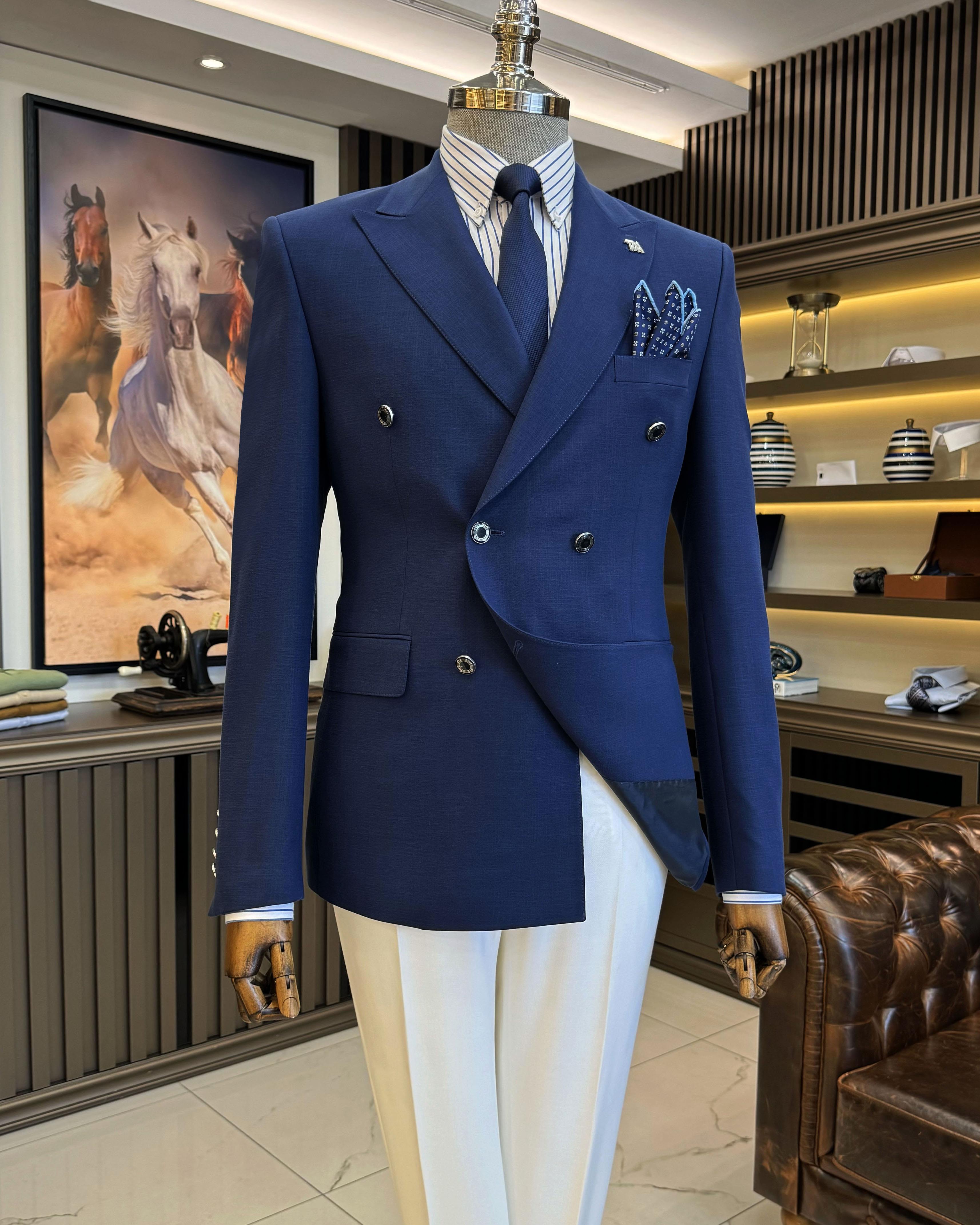İtalyan stil erkek slim fit kırlangıç yaka keten karışımlı kruvaze ceket lacivert T11995