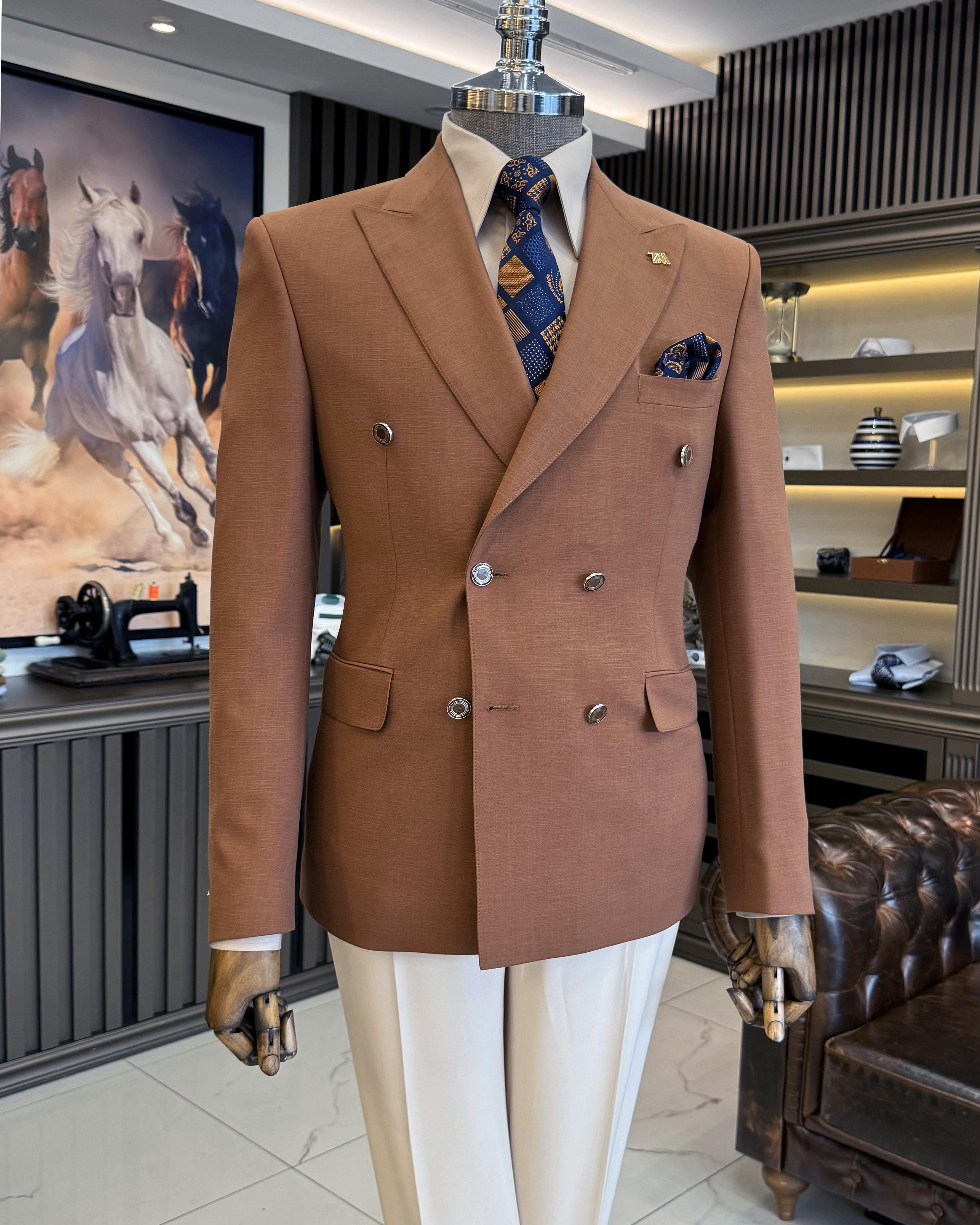 İtalyan stil erkek slim fit kırlangıç yaka keten karışımlı kruvaze ceket kiremit T11984