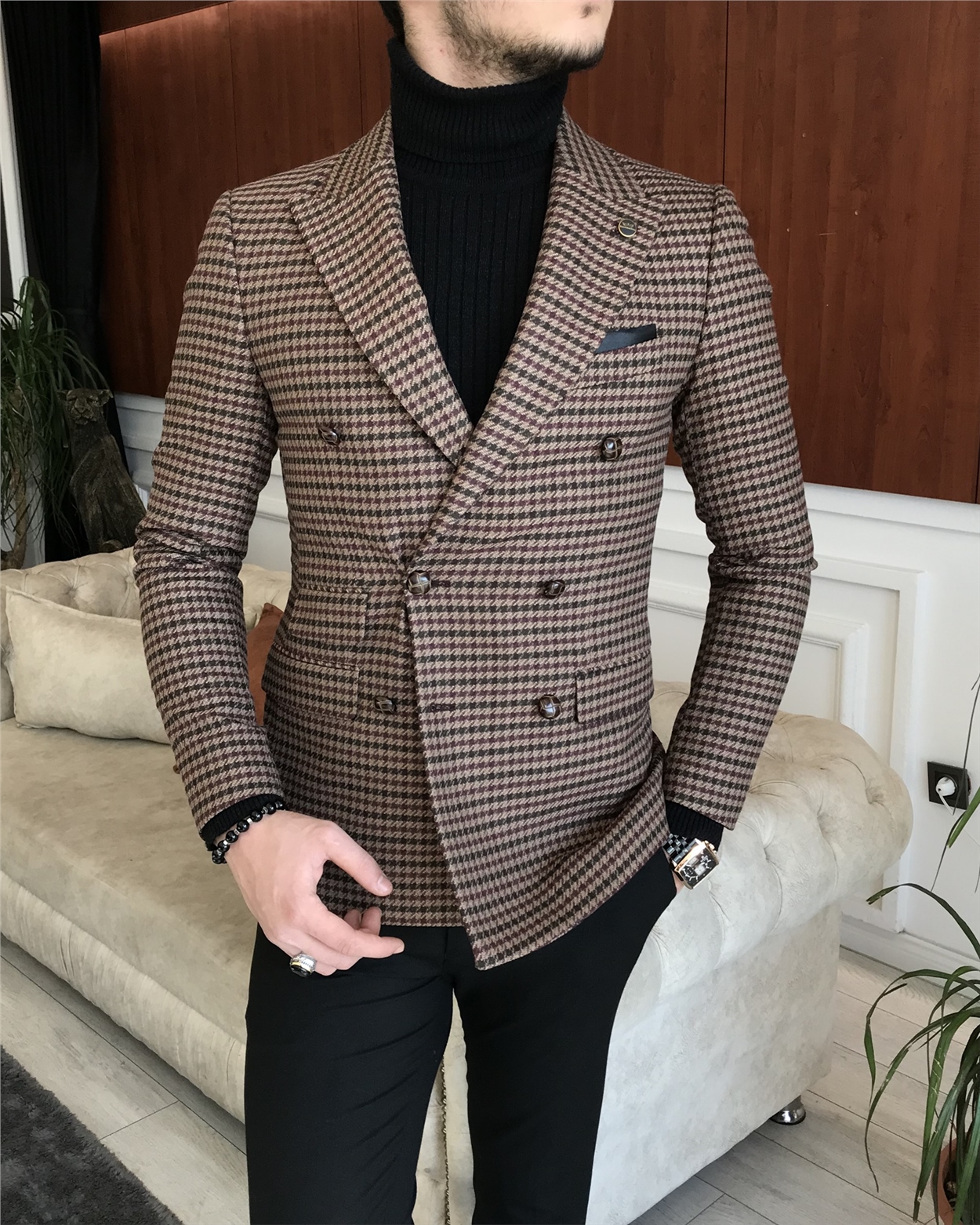 İtalyan stil erkek slim fit kruvaze kışlık tek ceket kahverengi T6684