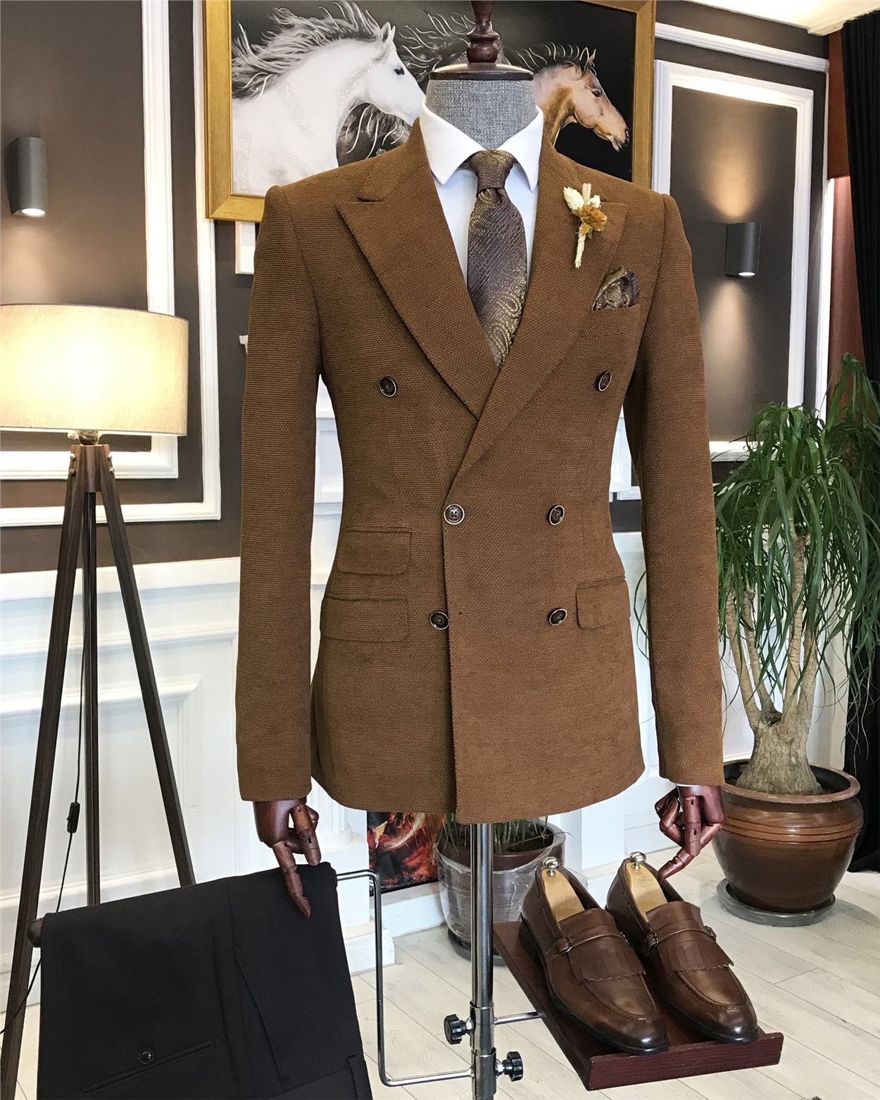 İtalyan stil erkek slim fit  kruvaze tek ceket kahverengi T6448