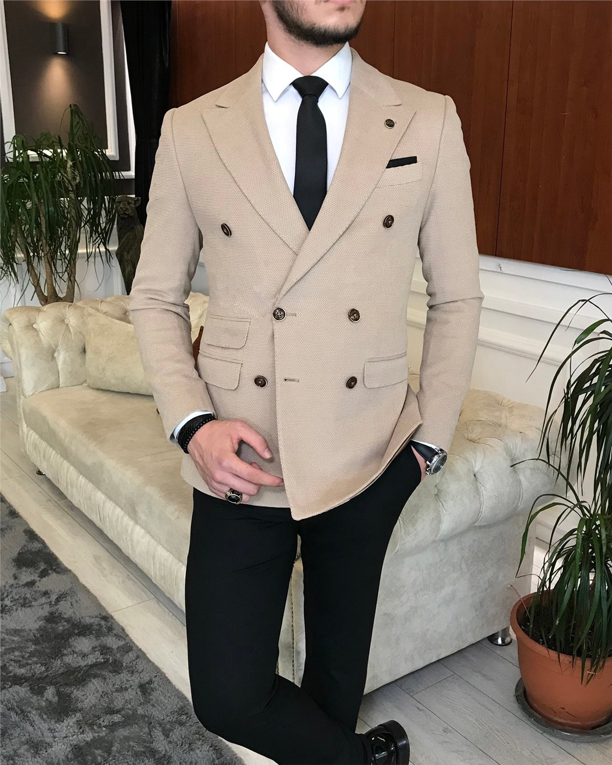 İtalyan stil erkek slim fit kruvaze tek ceket bej T6447
