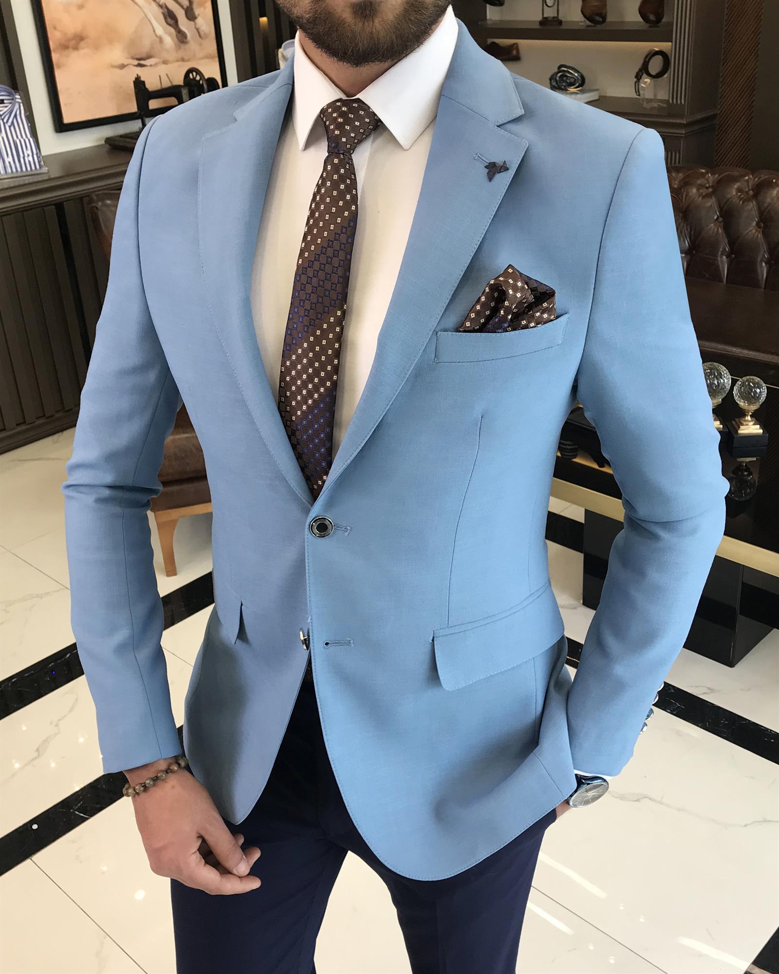 Italian Style Battal Blazer Men's Single Jacket Blue T7693