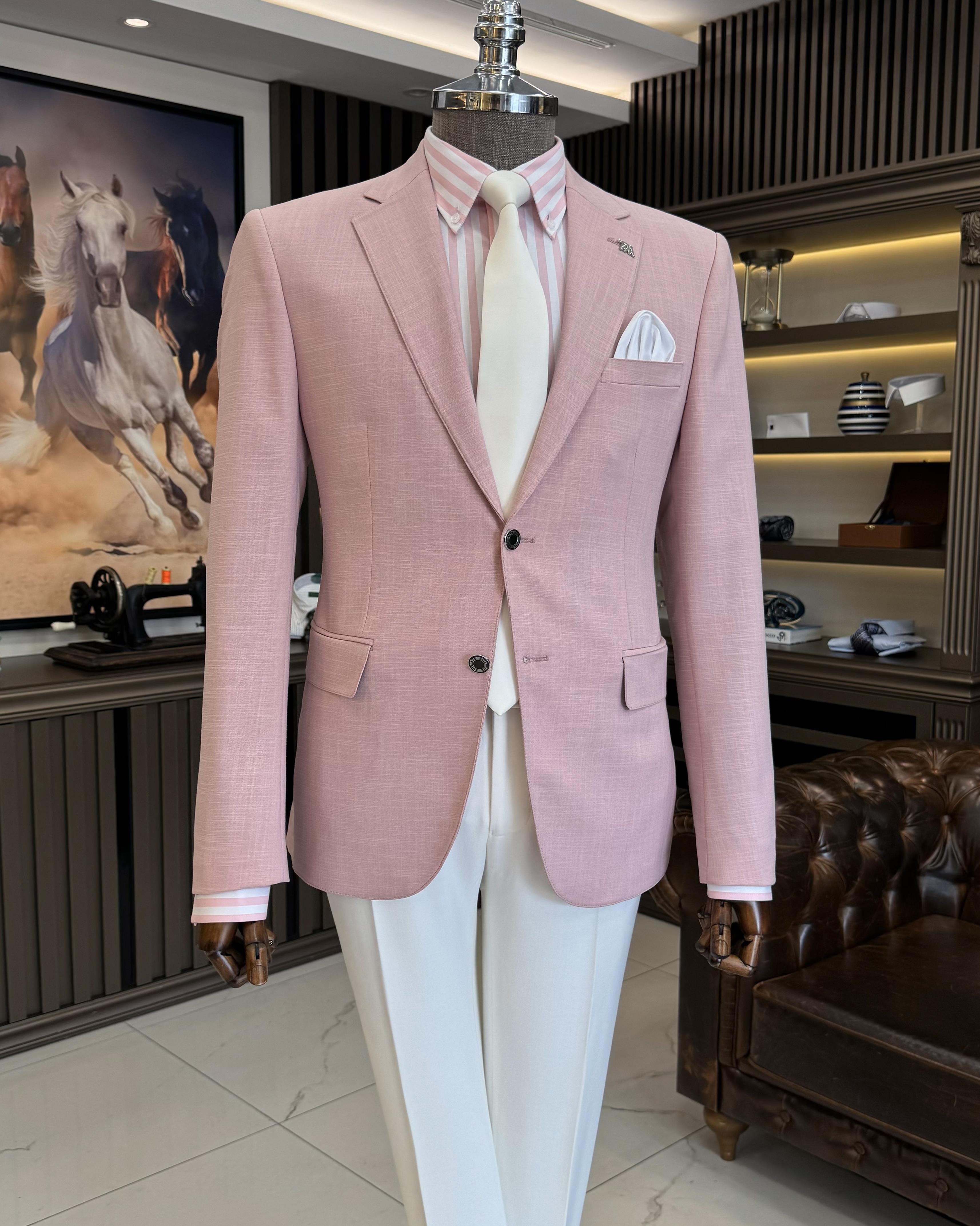 İtalyan stil erkek slim fit mono yaka keten karışımlı ceket pembe T11989