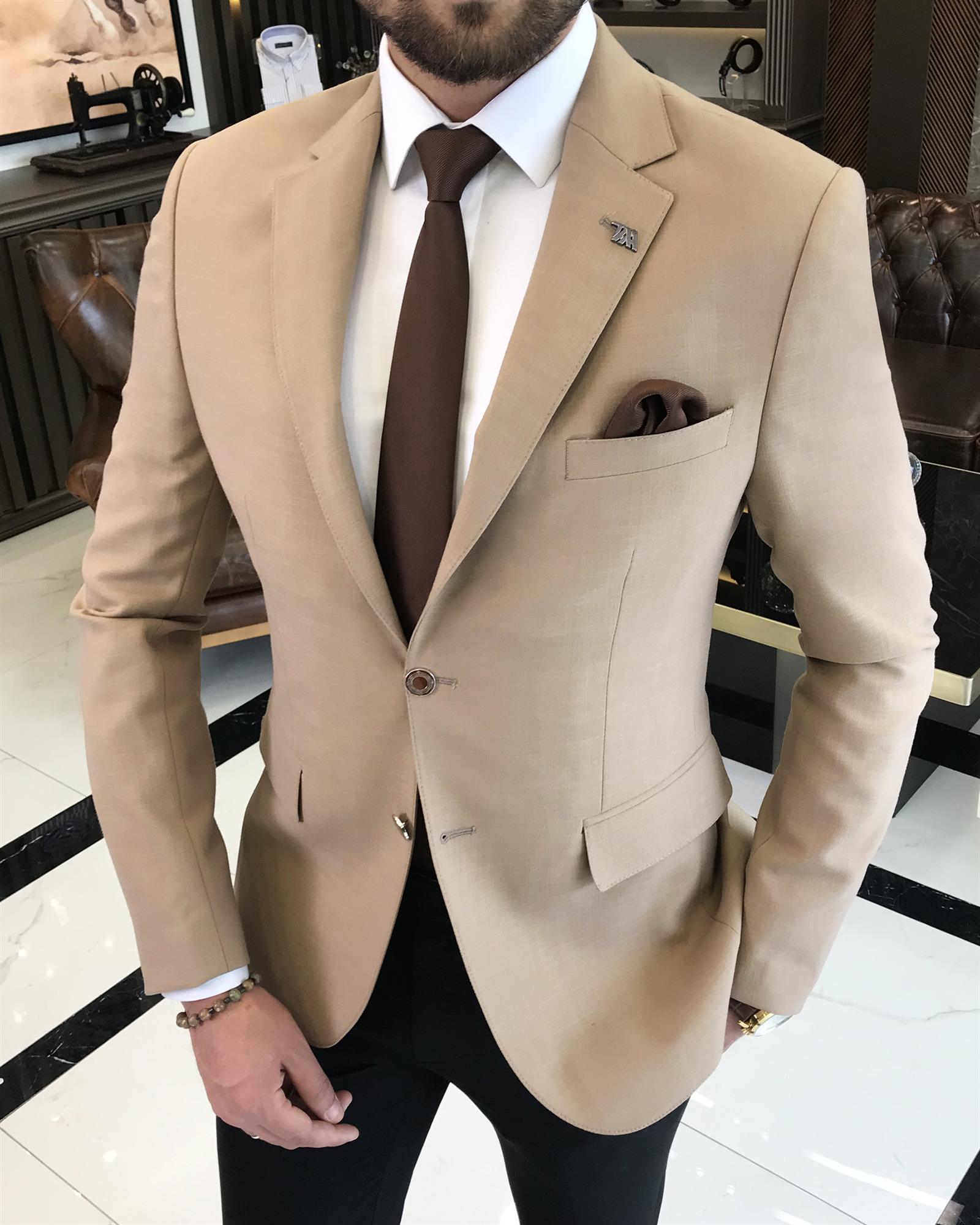 Italian style men's slim fit mono collar linen blended jacket camel T9337