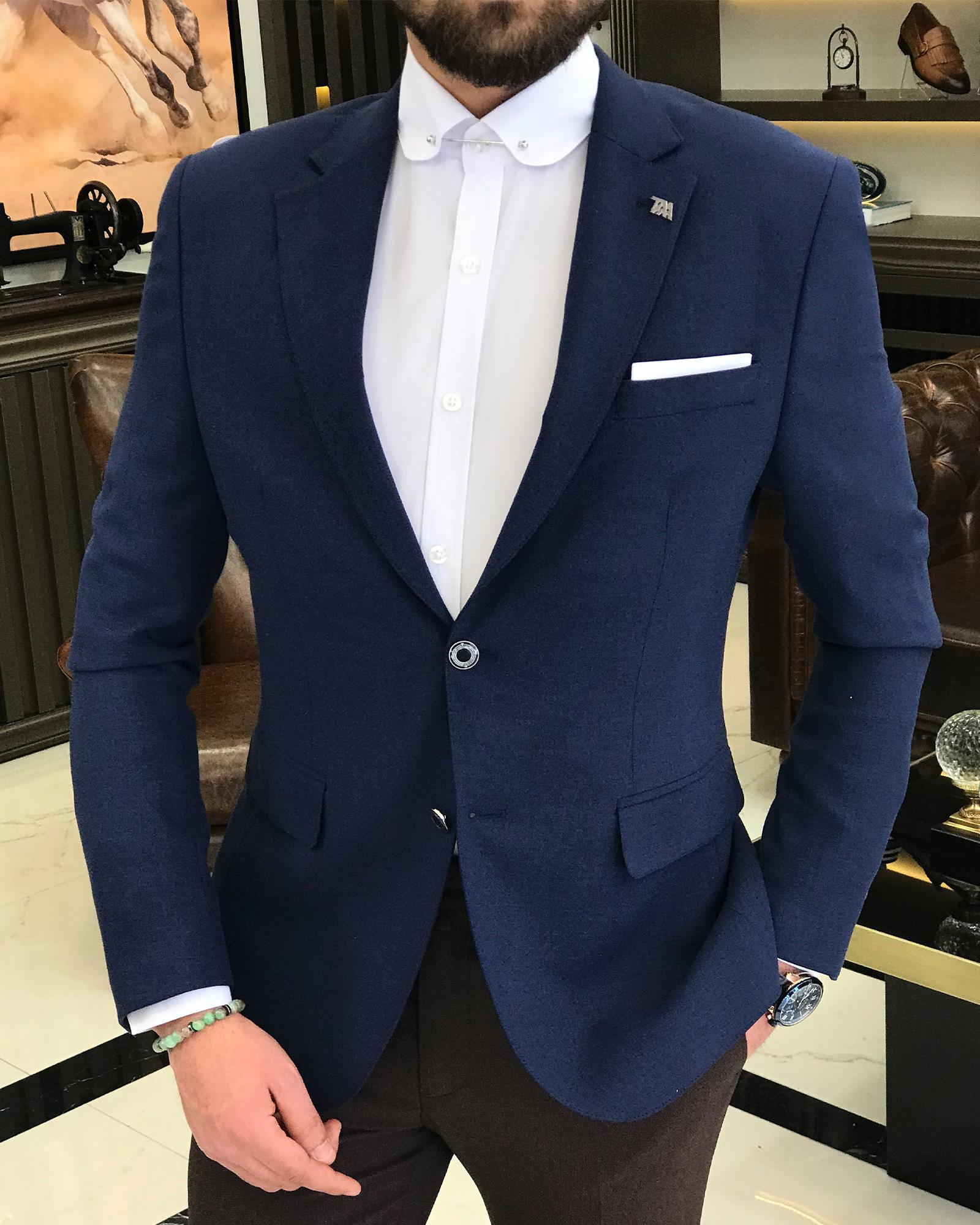 İtalyan stil erkek slim fit mono yaka keten karışımlı ceket lacivert T9338