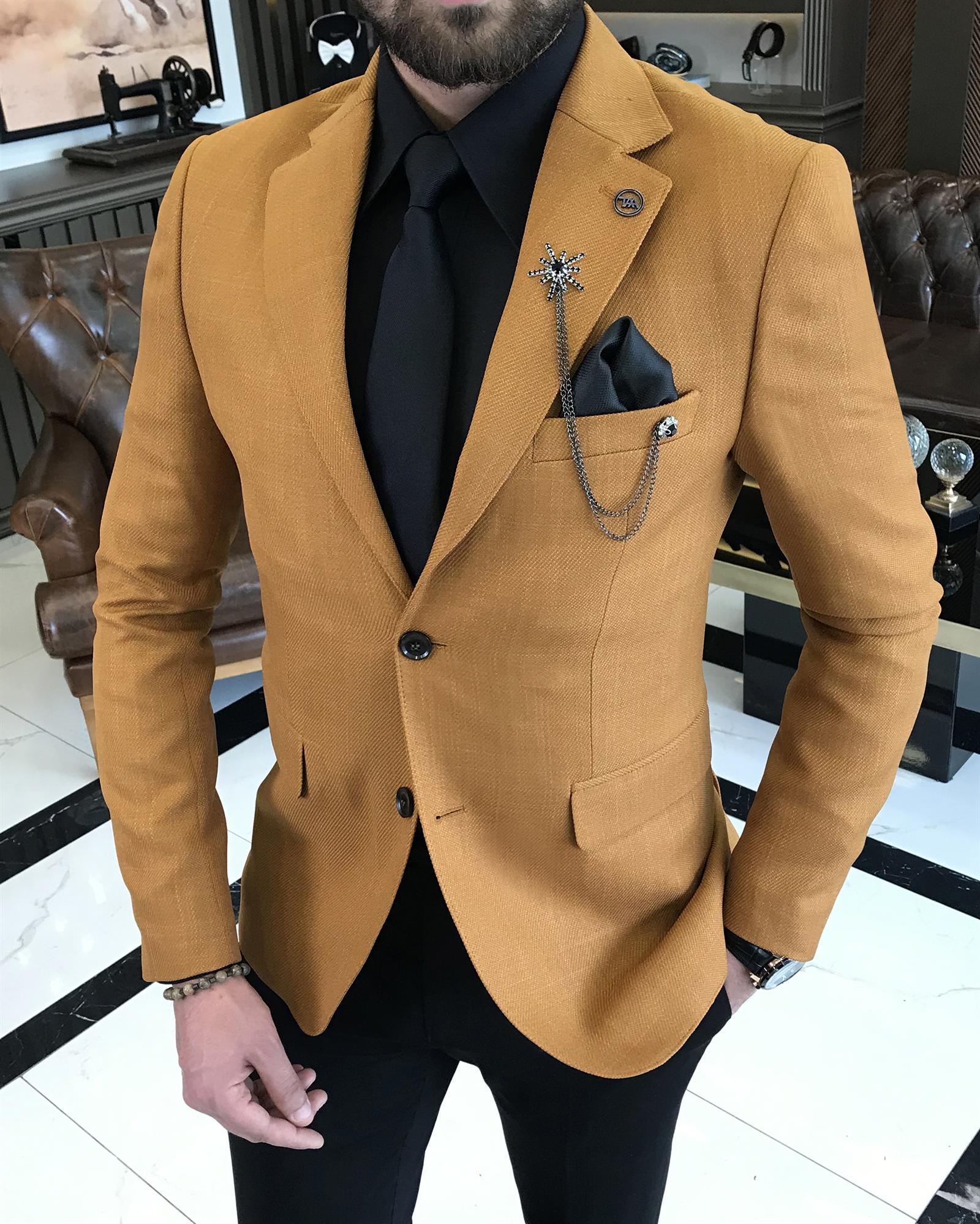 Italian style men's slim fit mono collar cotton blended jacket mustard T9332