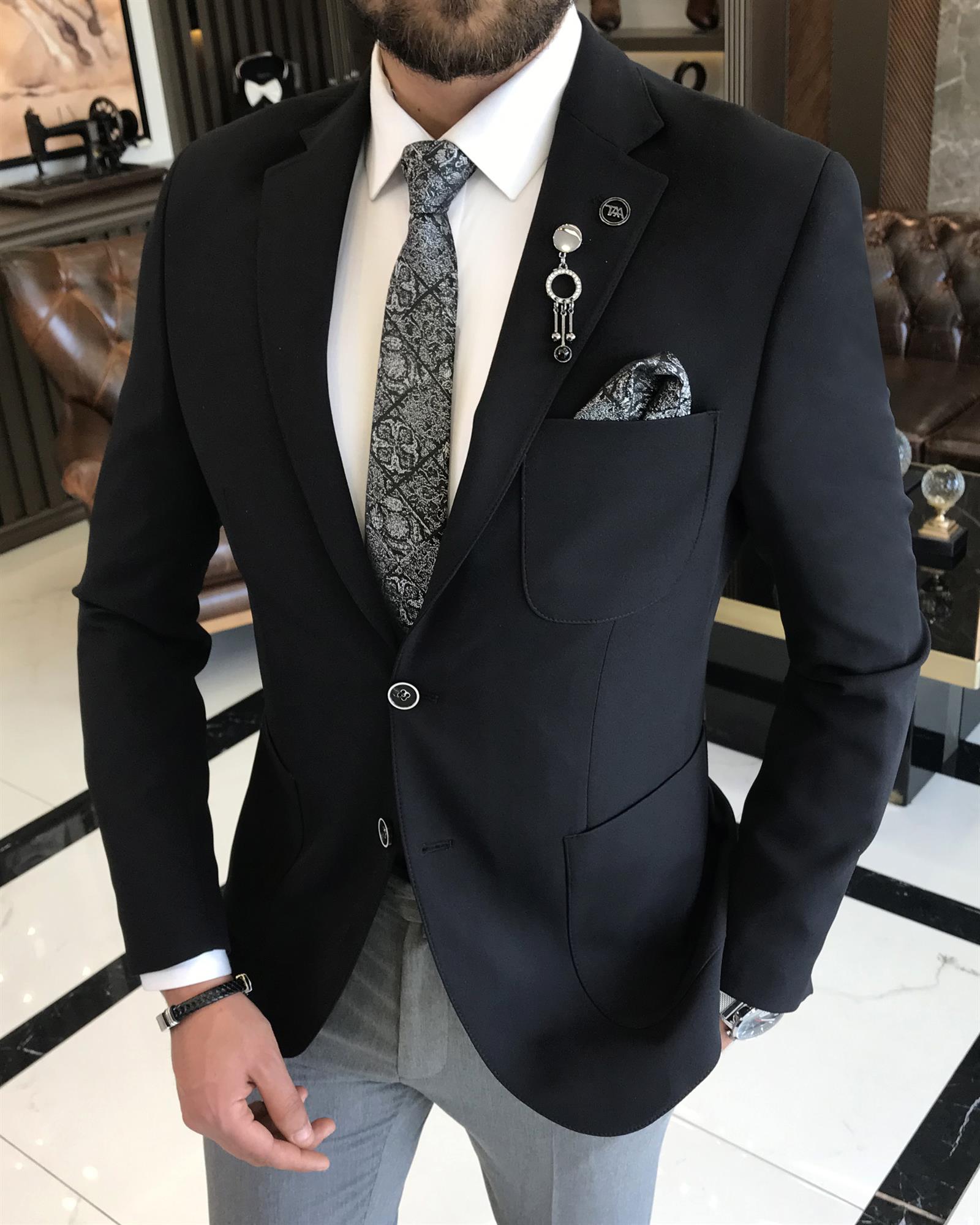 Italian style men's slim fit mono collar wool blended jacket black T9662