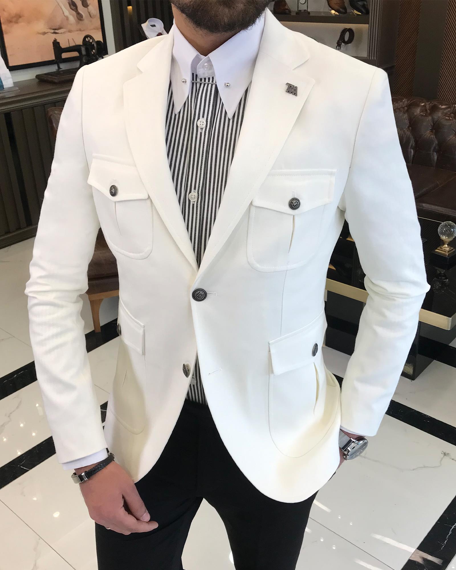 İtalyan stil erkek slim fit mono yaka torba cep pamuk karışımlı ceket ekru T9348