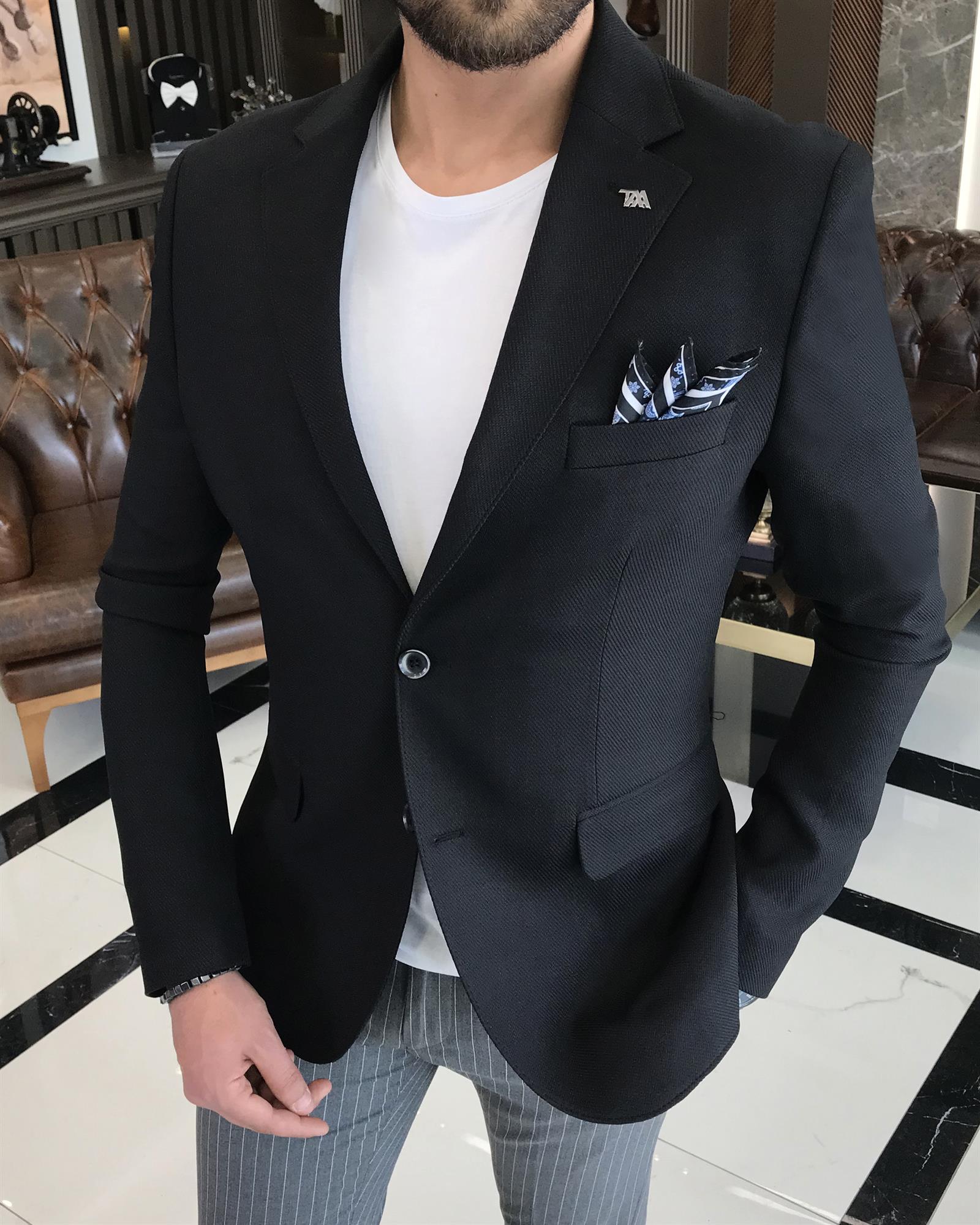 Italian Style Men's Slim Fit Blazer Cotton Jacket Black T7380