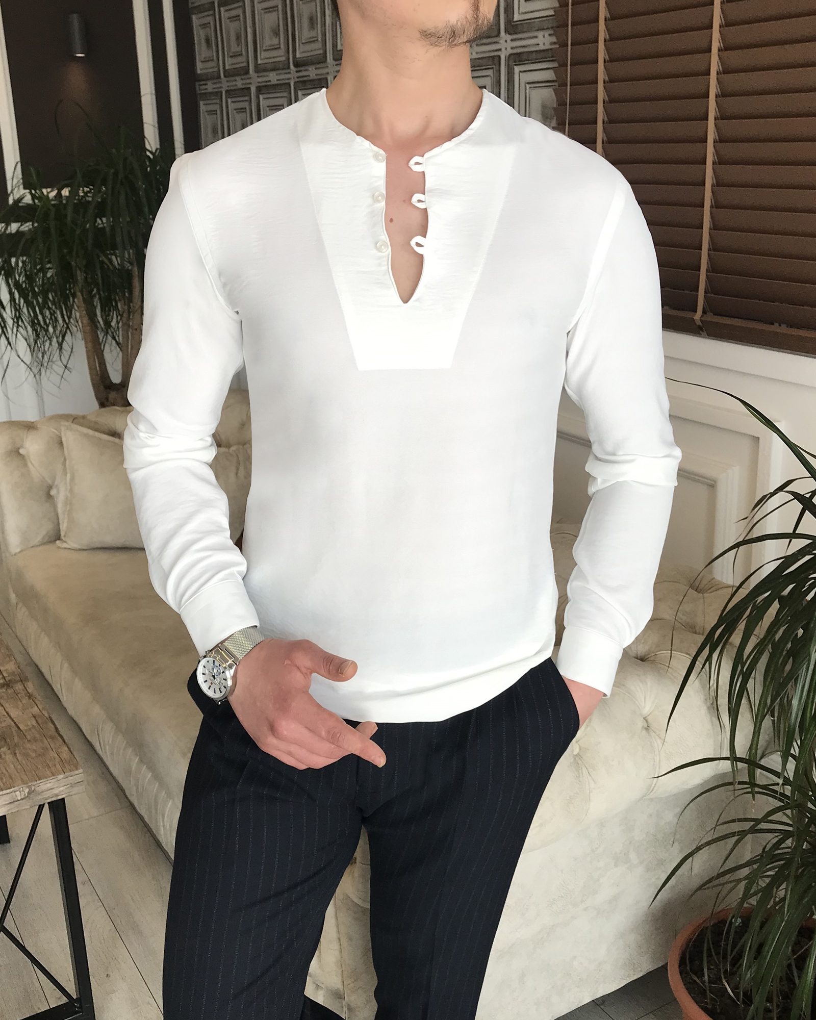 italyan stil erkek yakasız hakim yaka gömlek Beyaz T5819