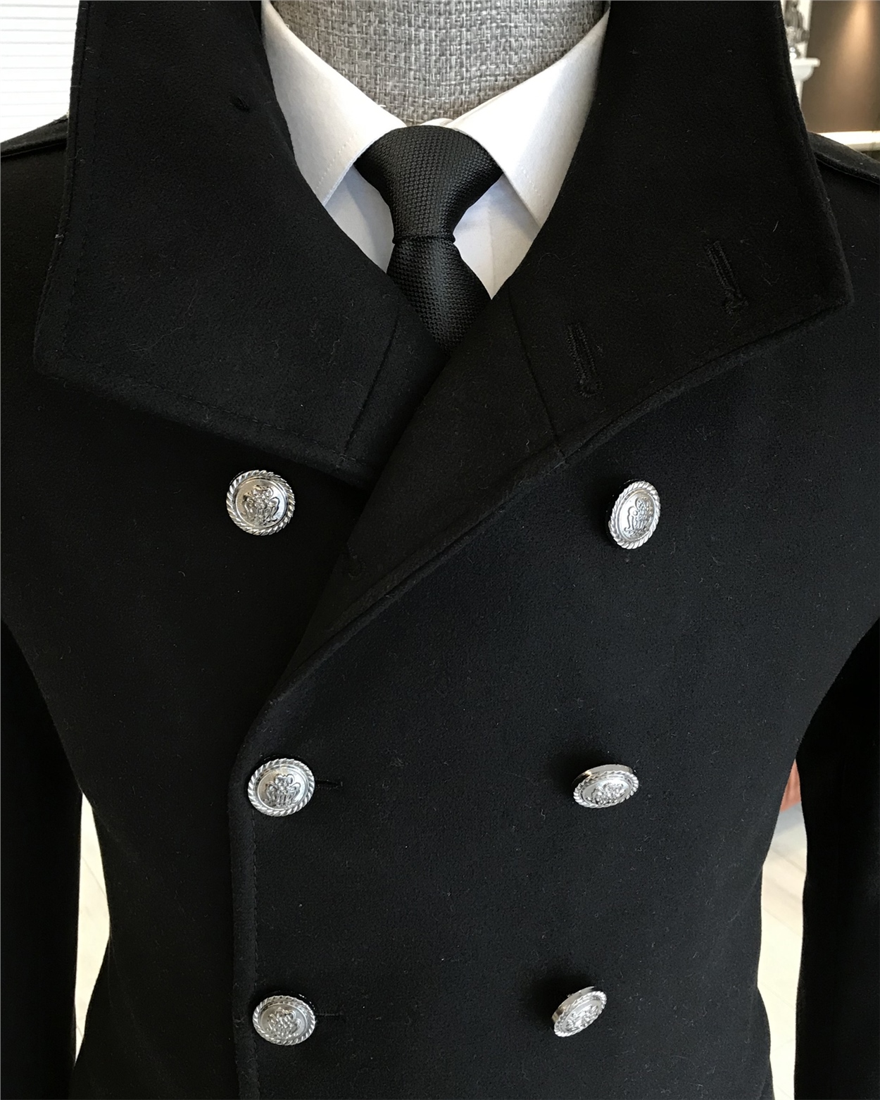 İtalyan stil hakim kruvaze kaşe kaban palto Siyah T5115