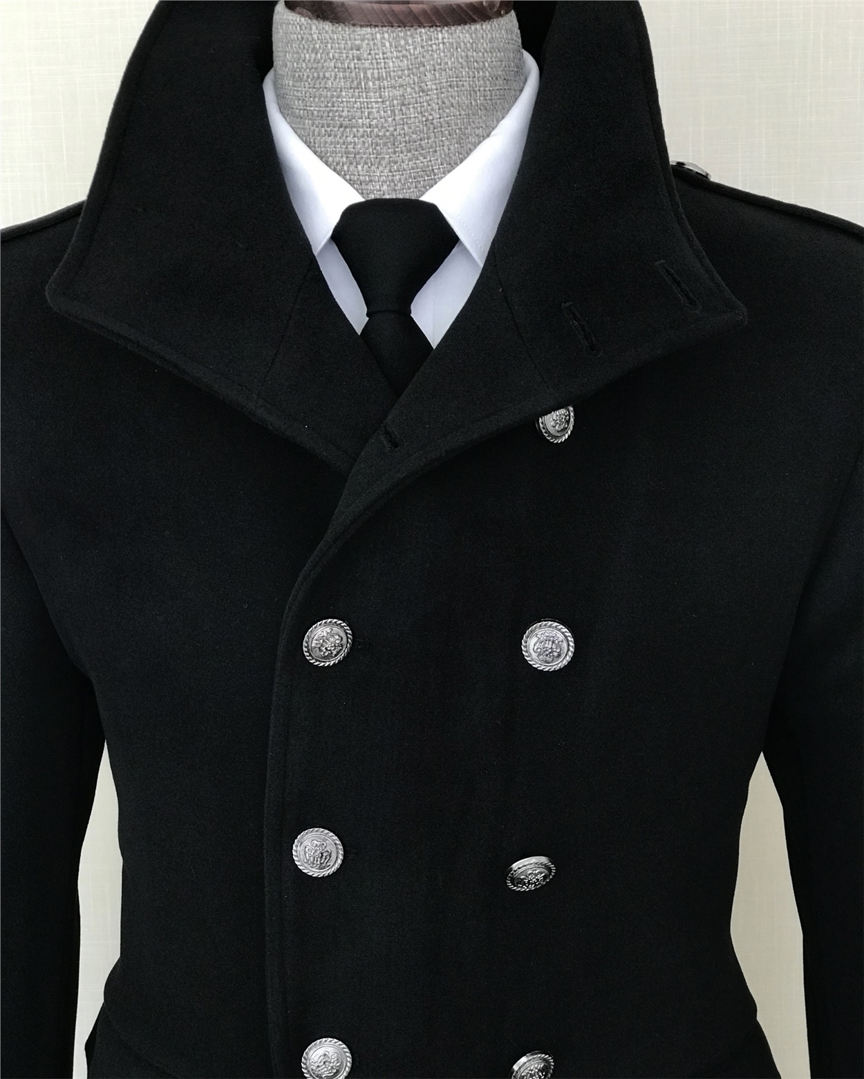 İtalyan stil hakim kruvaze kaşe kaban palto Siyah T5115