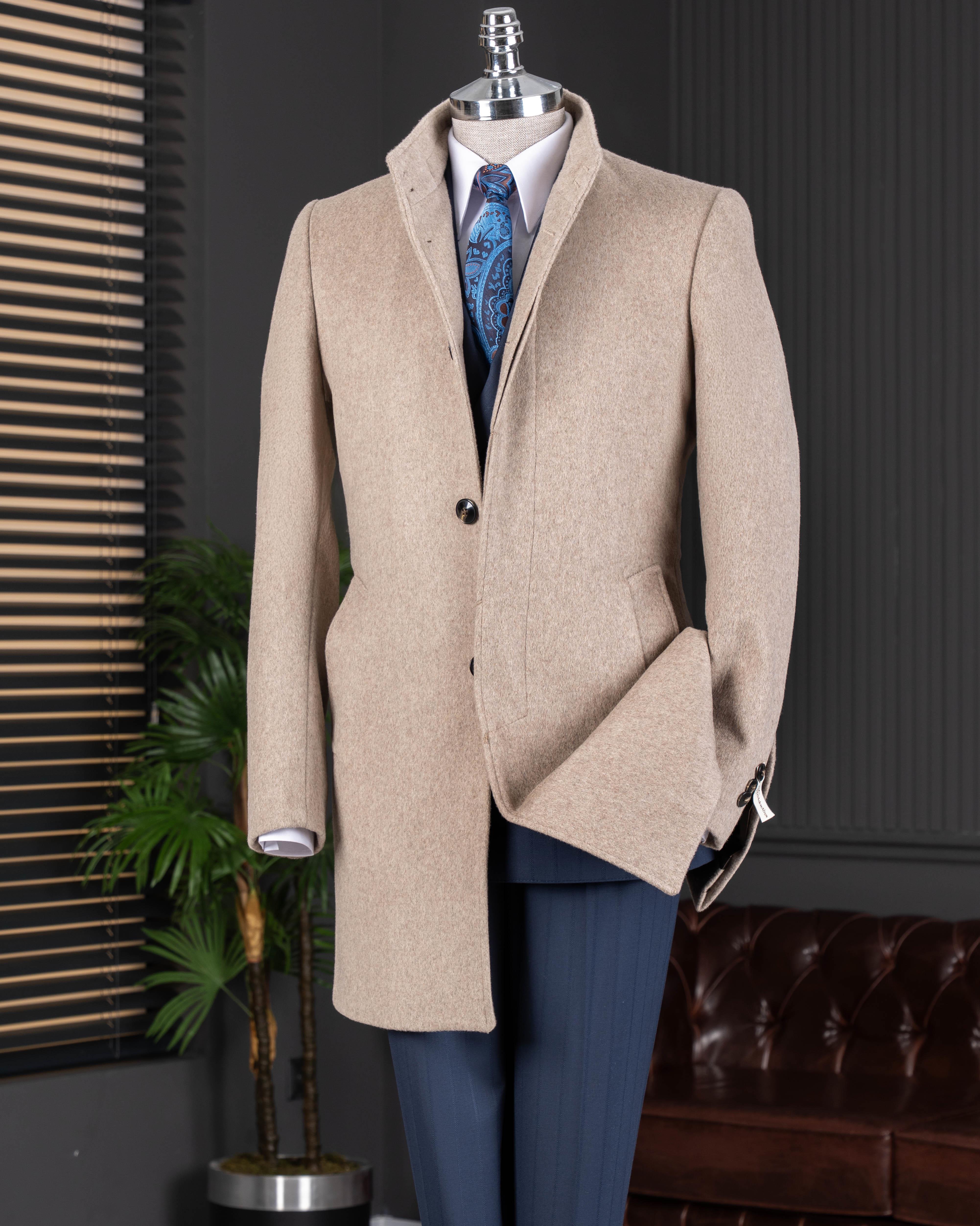 İtalyan stil hakim yaka yün kaşe kaban bej T10807