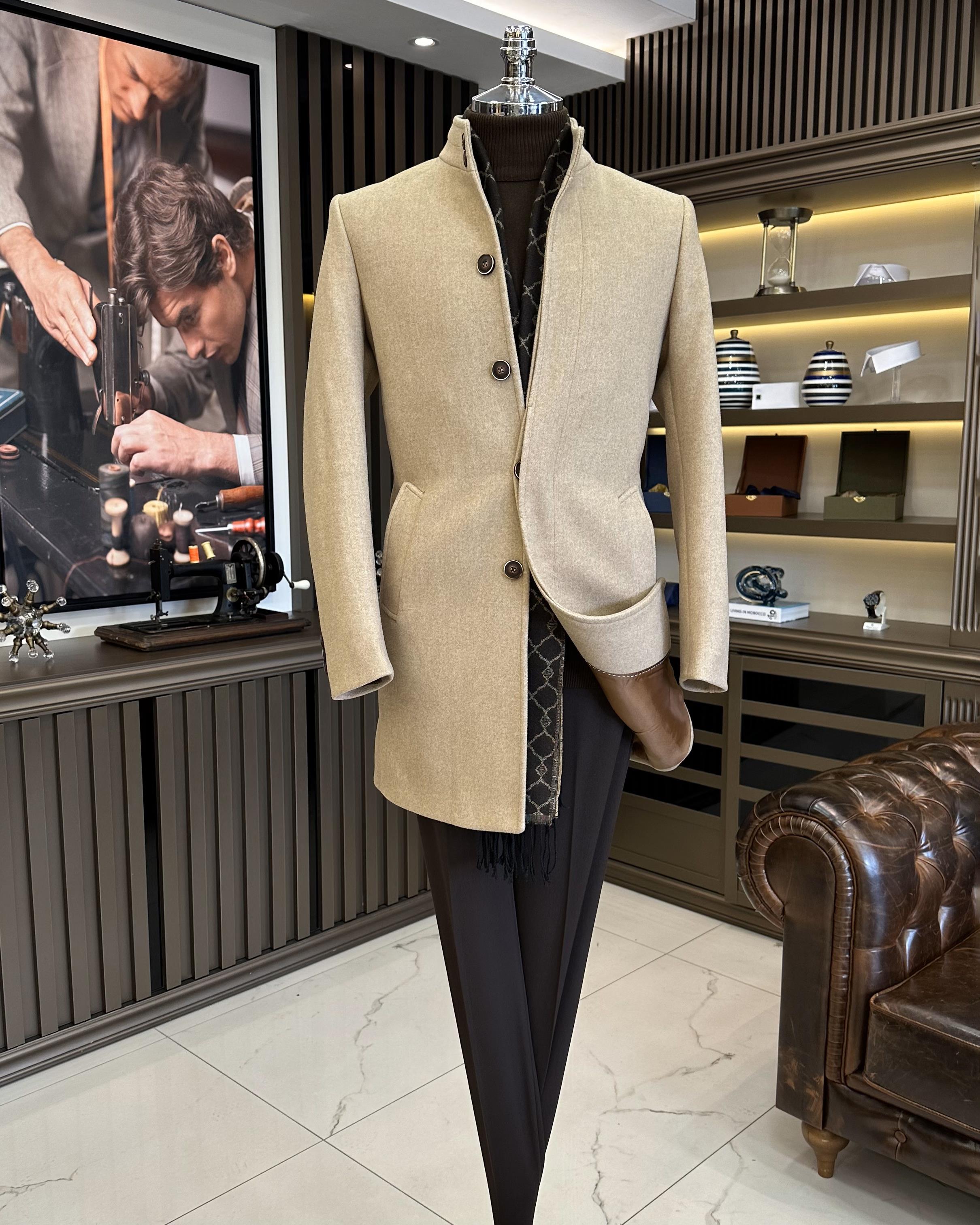 Italian style crew neck wool stamp coat beige T10807