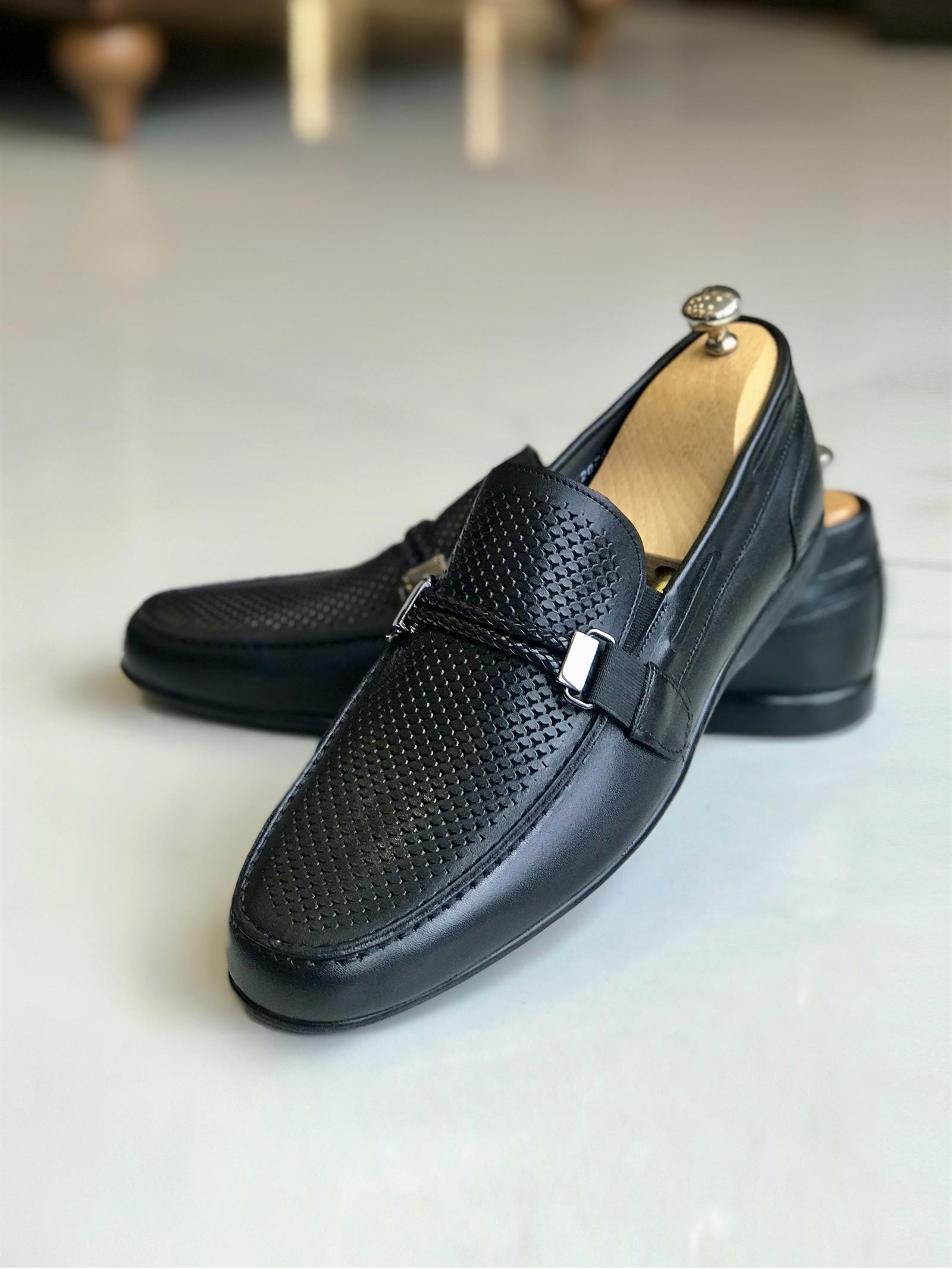 Italian style inner outer natural leather men's shoes Black T7843