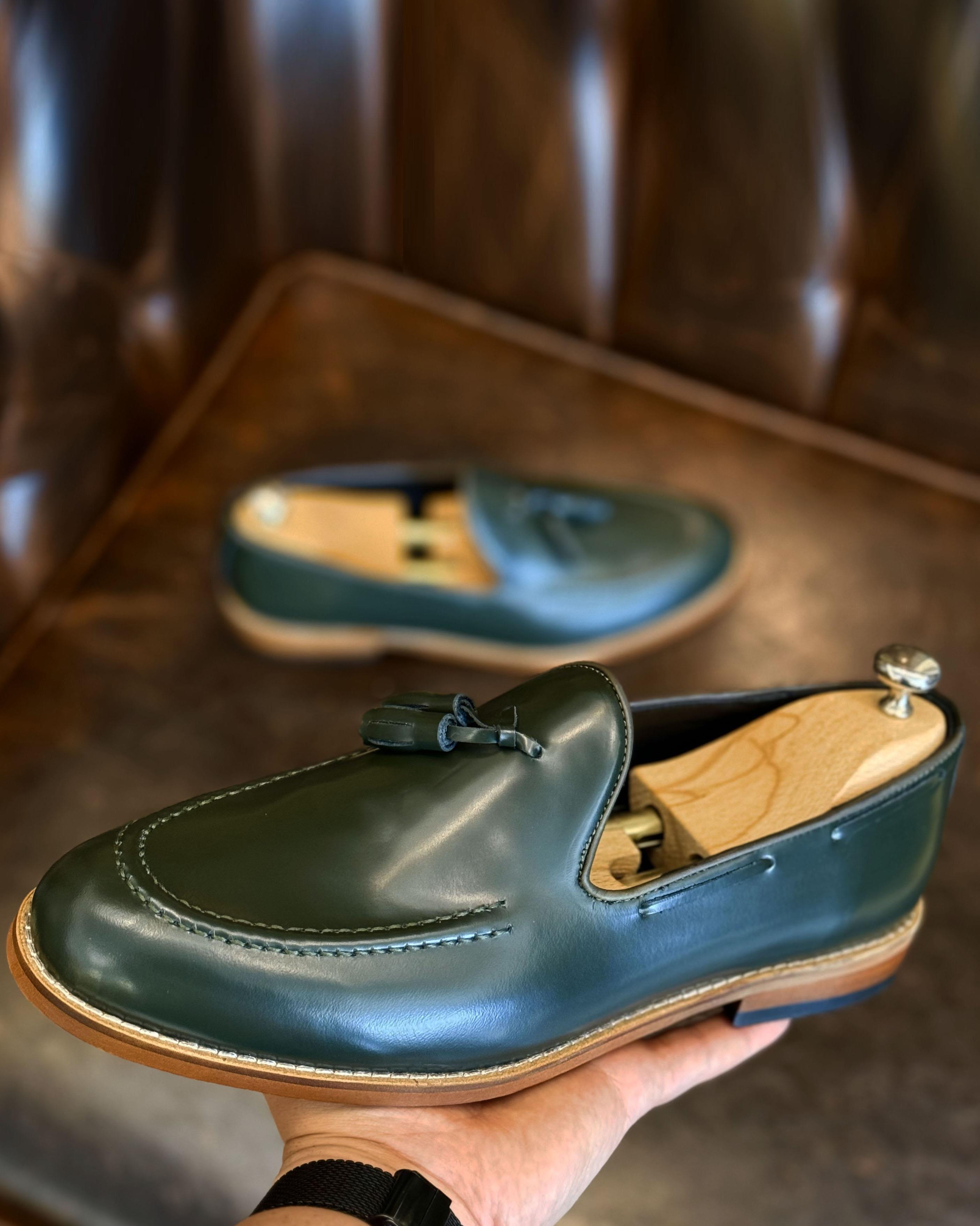 Italian style inner outer natural leather men's shoes green T12059