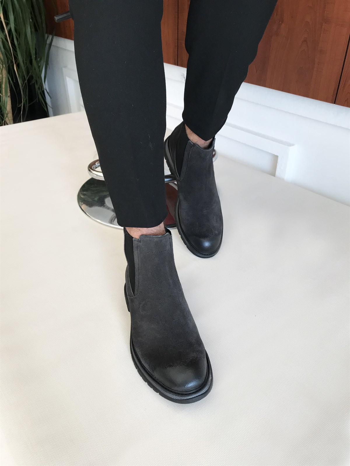İtalyan stil iç dış naturel deri kışlık erkek bot ayakkabı Antrasit T6554