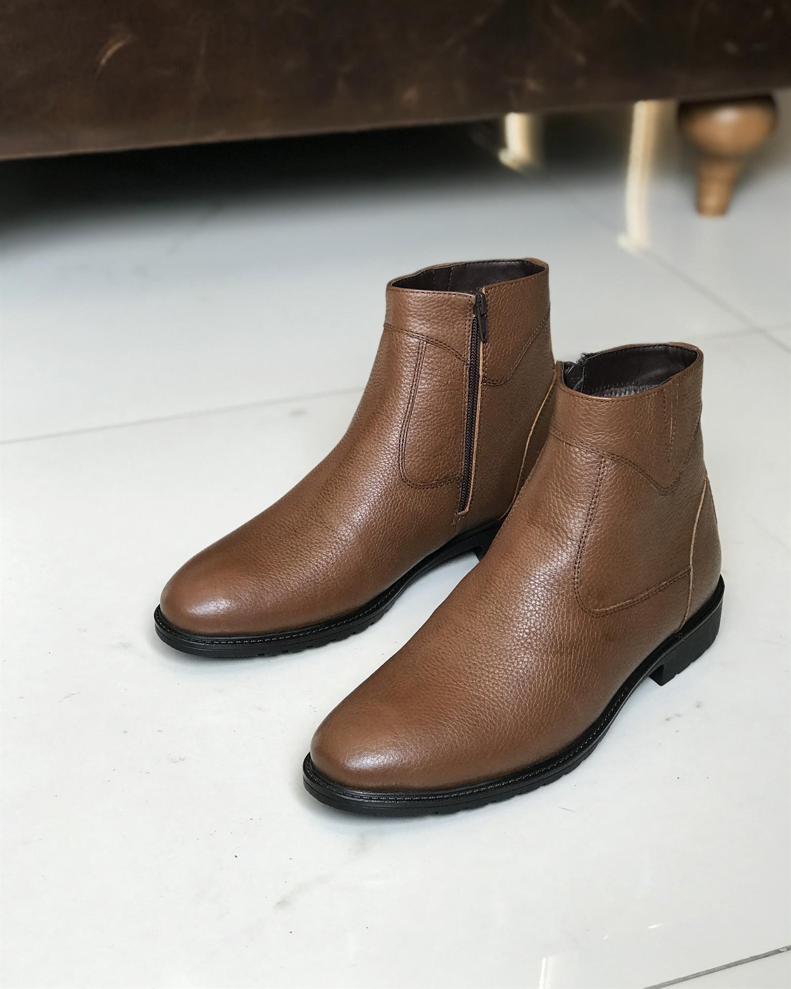 İtalyan stil iç dış naturel deri kışlık erkek bot ayakkabı Taba T6558