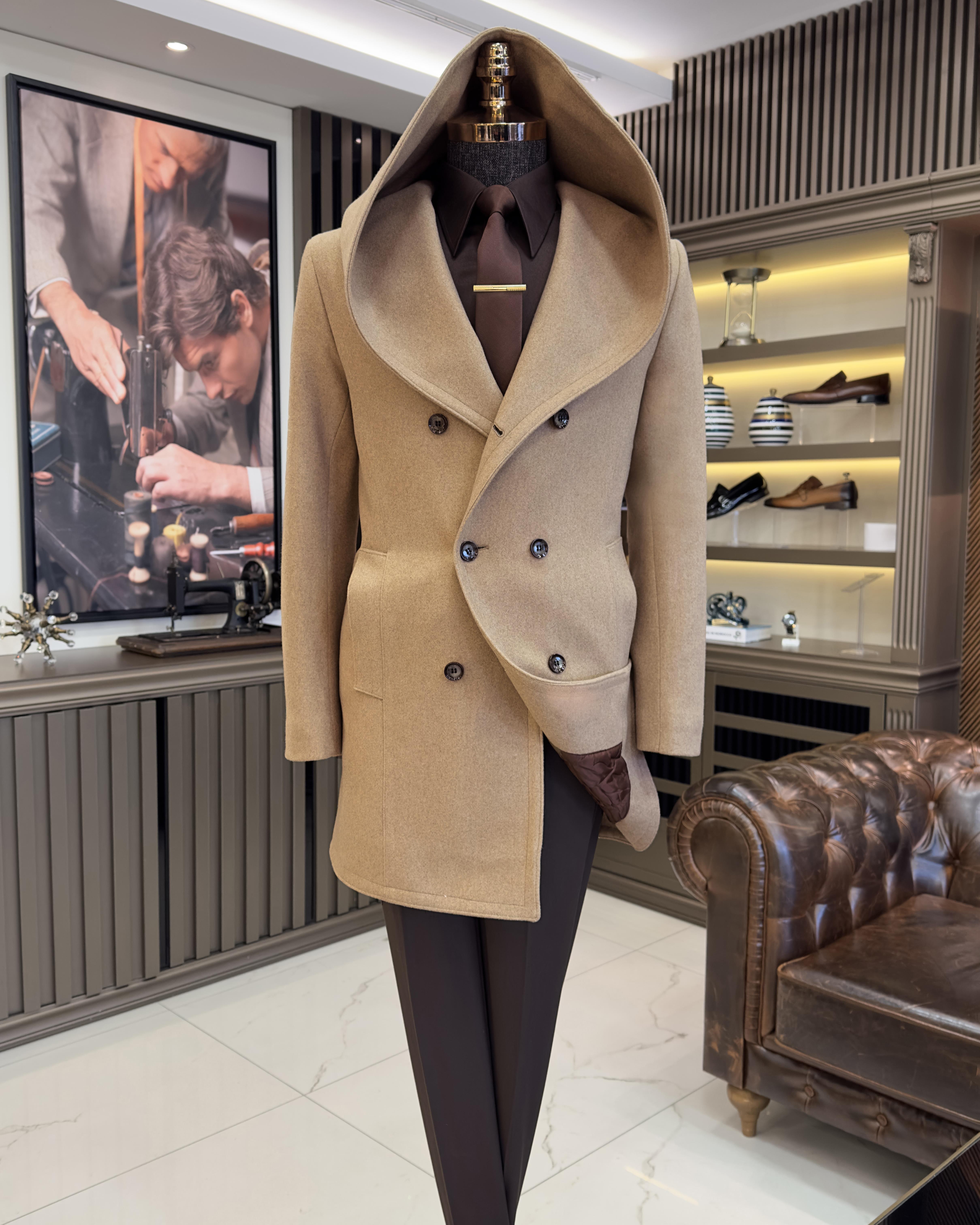 Italian style hooded double-breasted cashmere coat camel T10668