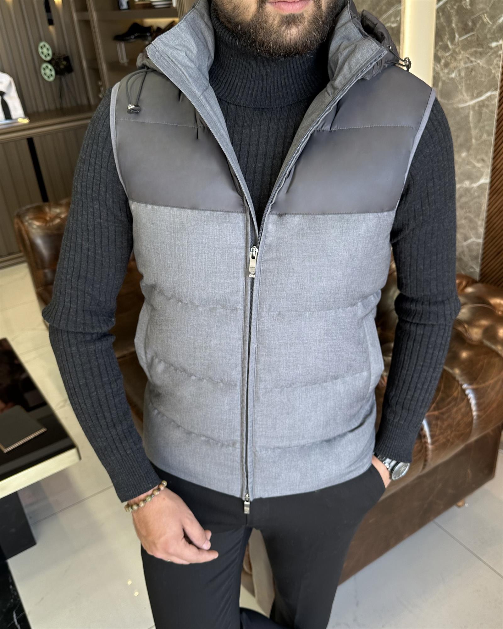 İtalyan stil kapüşonlu şişme yelek gri T10521