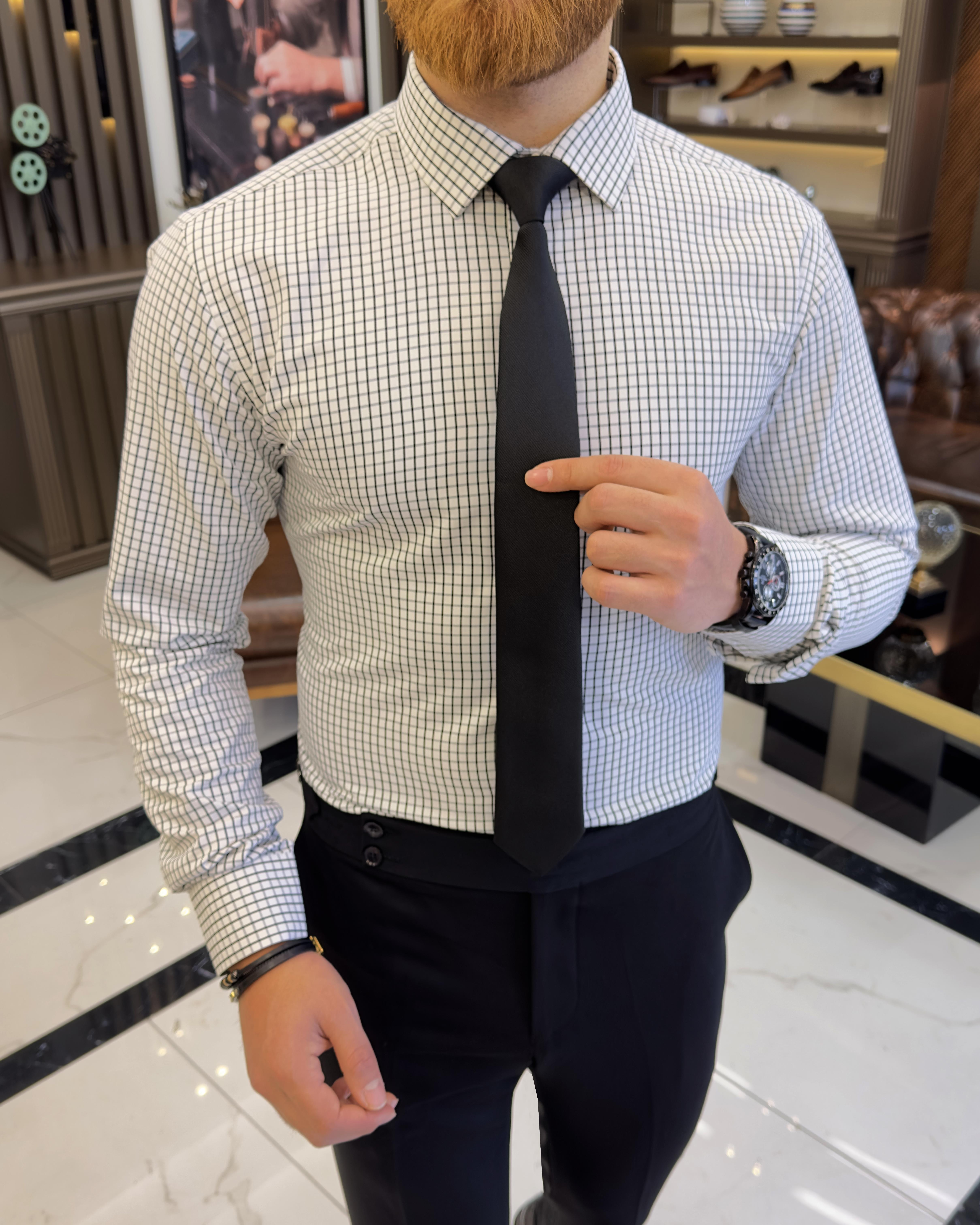 İtalyan stil kareli kravat yaka pamuk erkek gömlek yeşil T11153