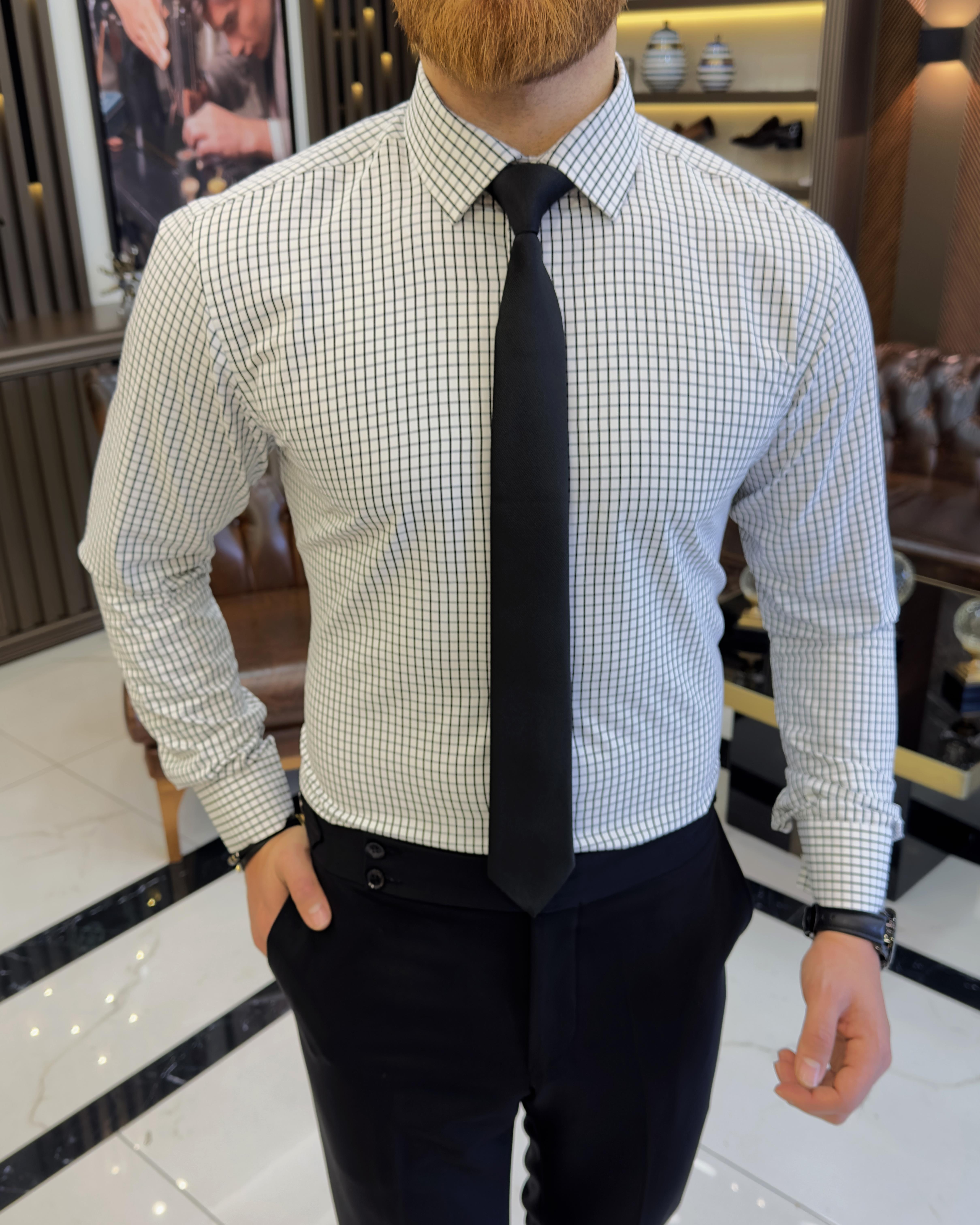 İtalyan stil kareli kravat yaka pamuk erkek gömlek siyah T11152