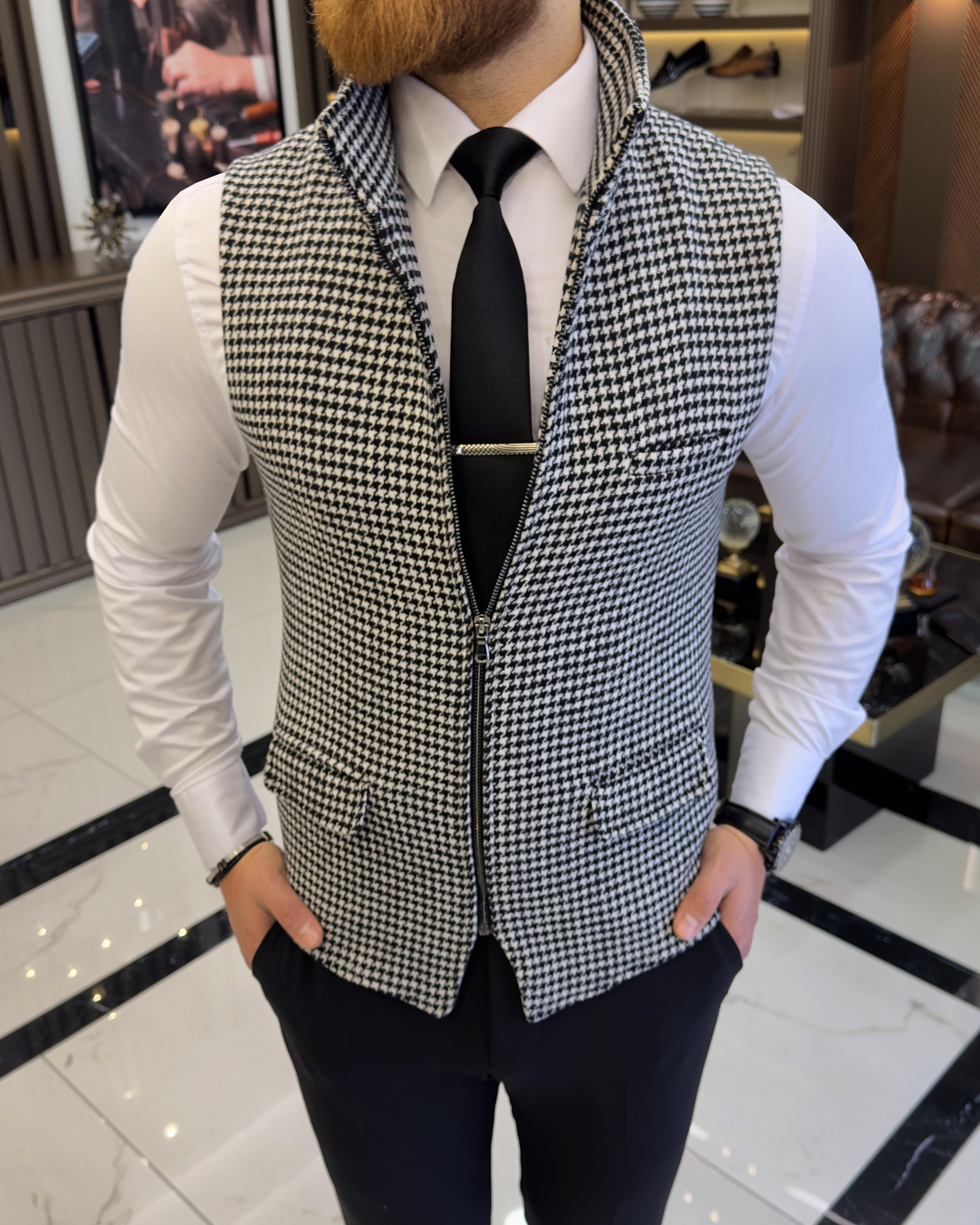 Italian style houndstooth pattern crew neck zipper pocket vest black T10469