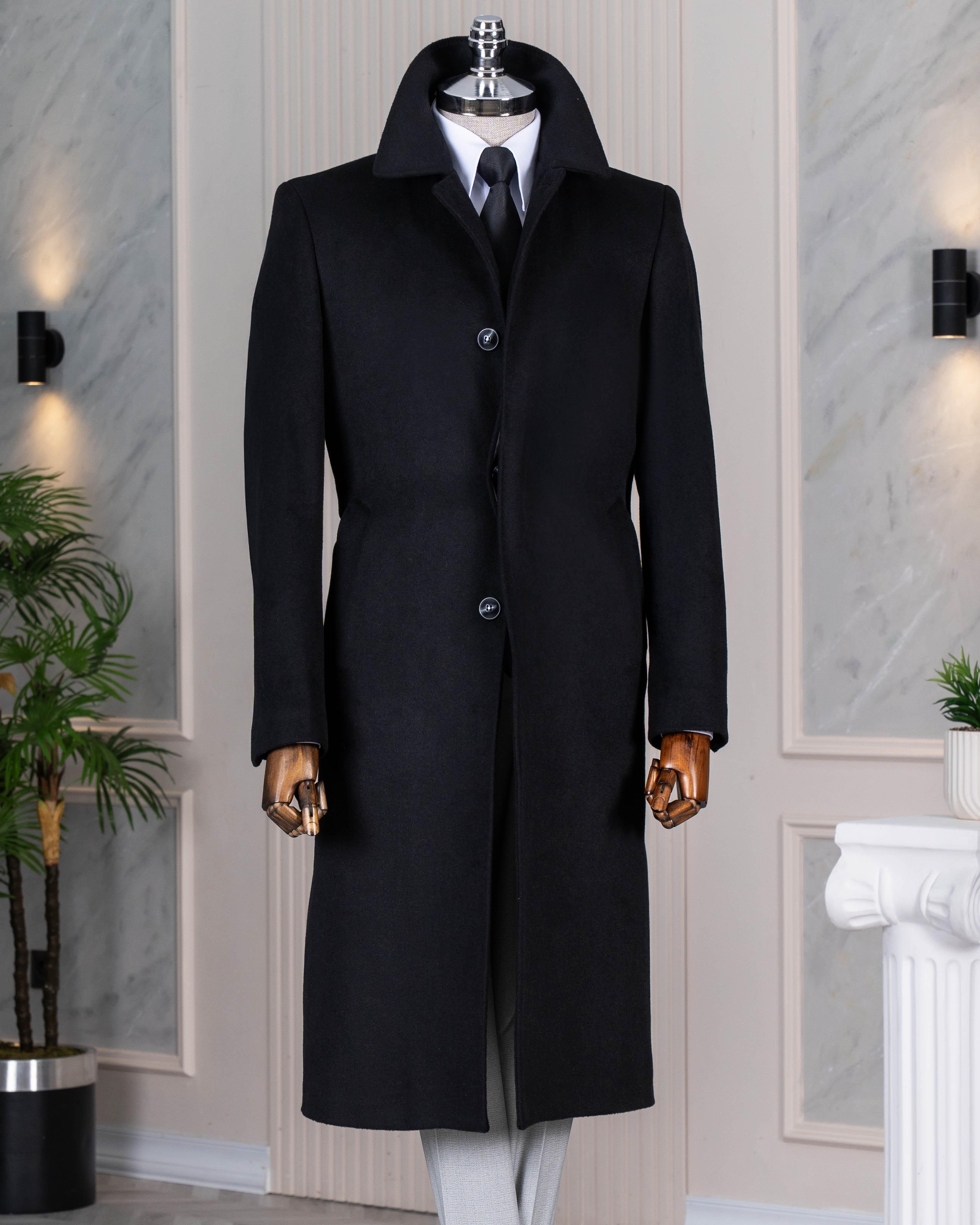 İtalyan stil klasik kalıp yün karışımlı kaşe erkek kaban siyah T14685