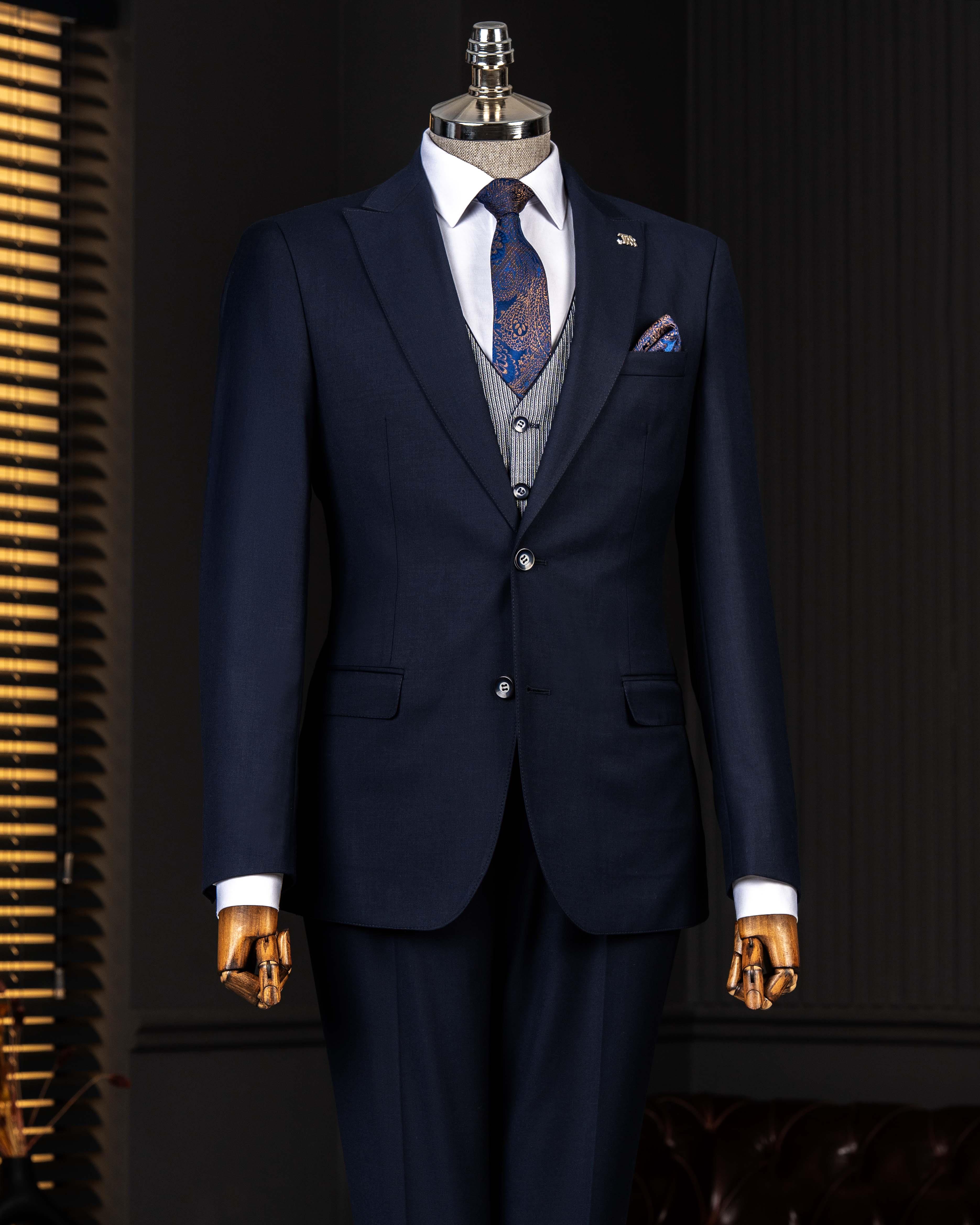 İtalyan stil kombin takım elbise ceket yelek pantalon lacivert T14354