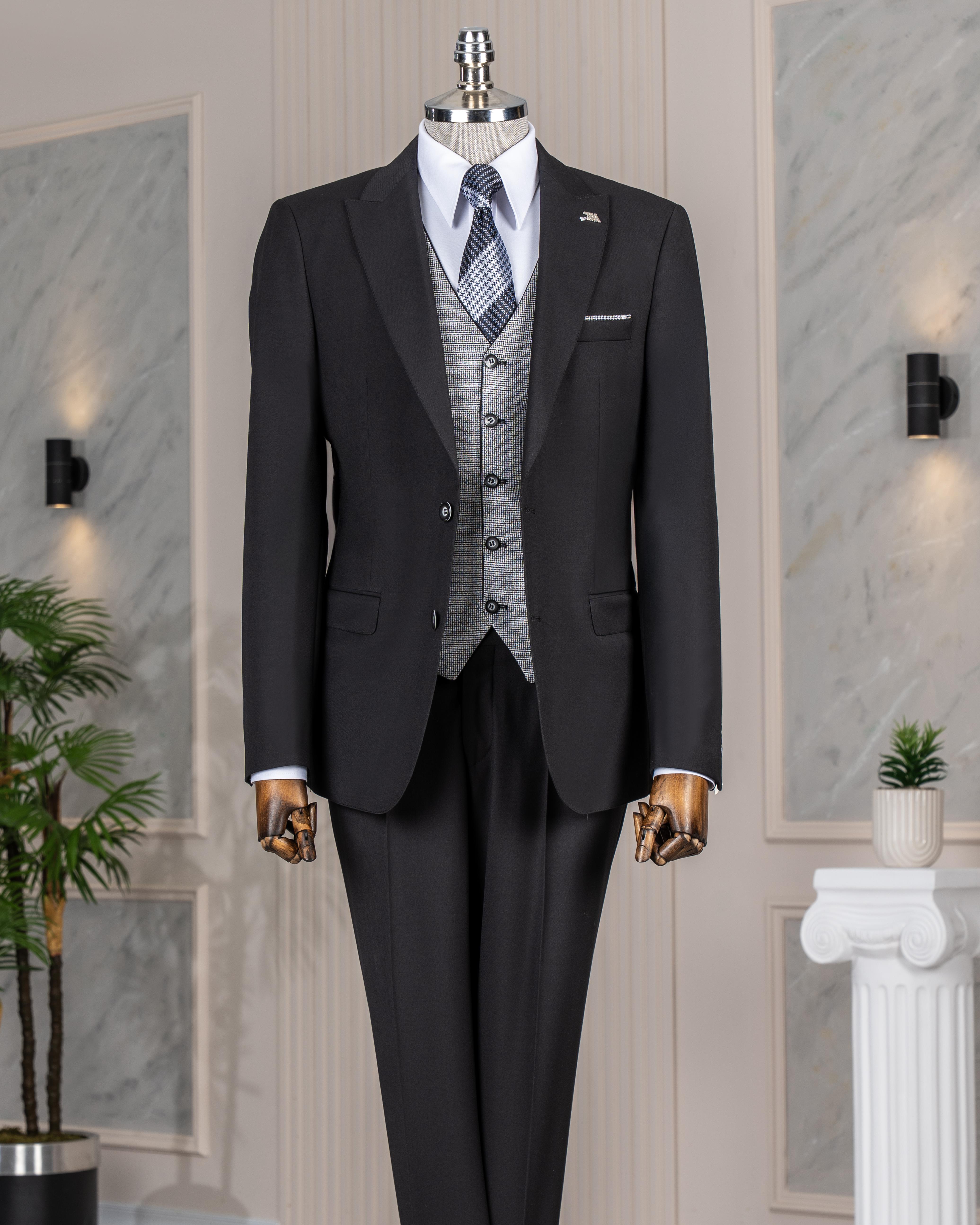 İtalyan stil kombin takım elbise ceket yelek pantalon siyah T14355