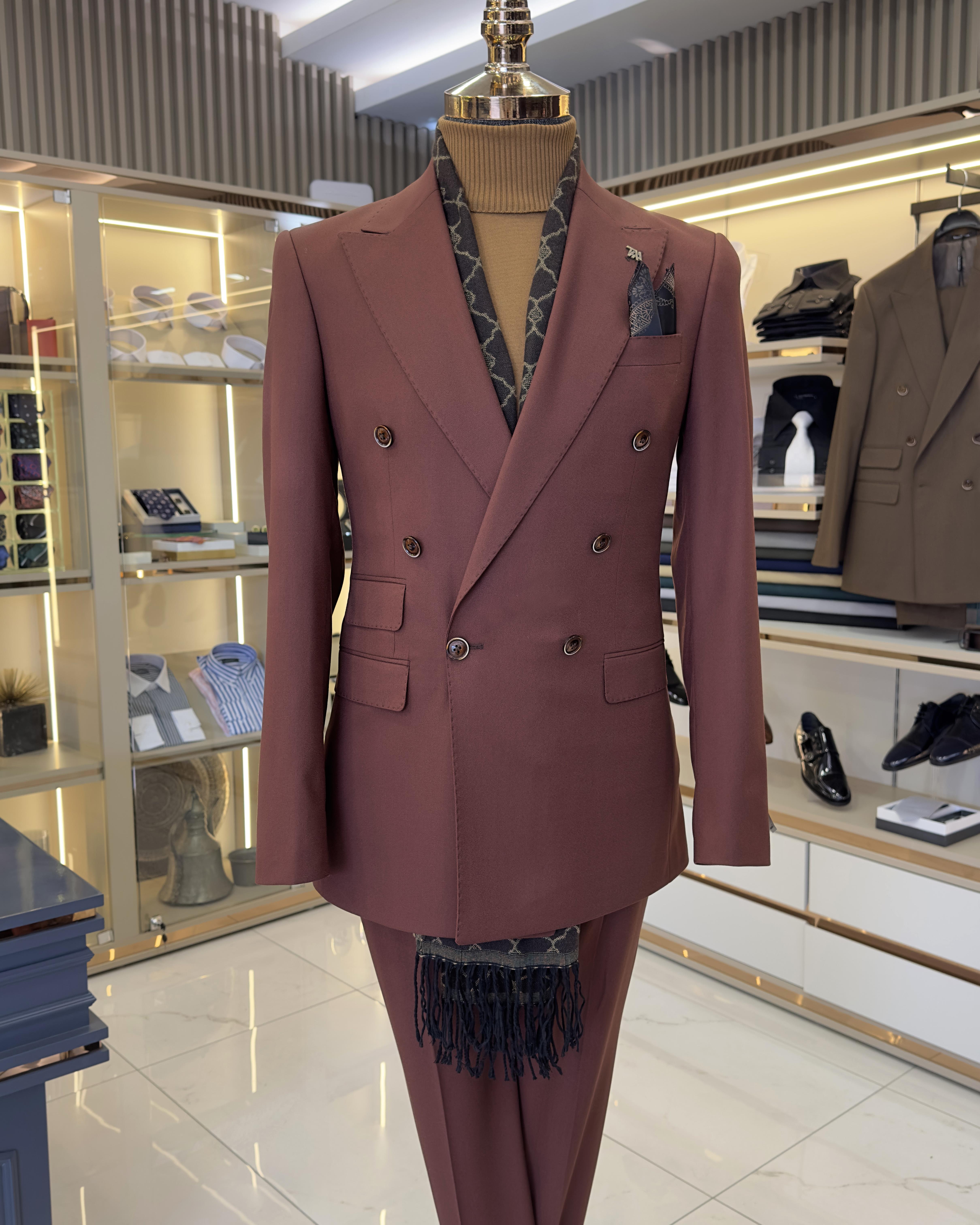 İtalyan stil kruvaze ceket pantolon erkek takım elbise kiremit T11095