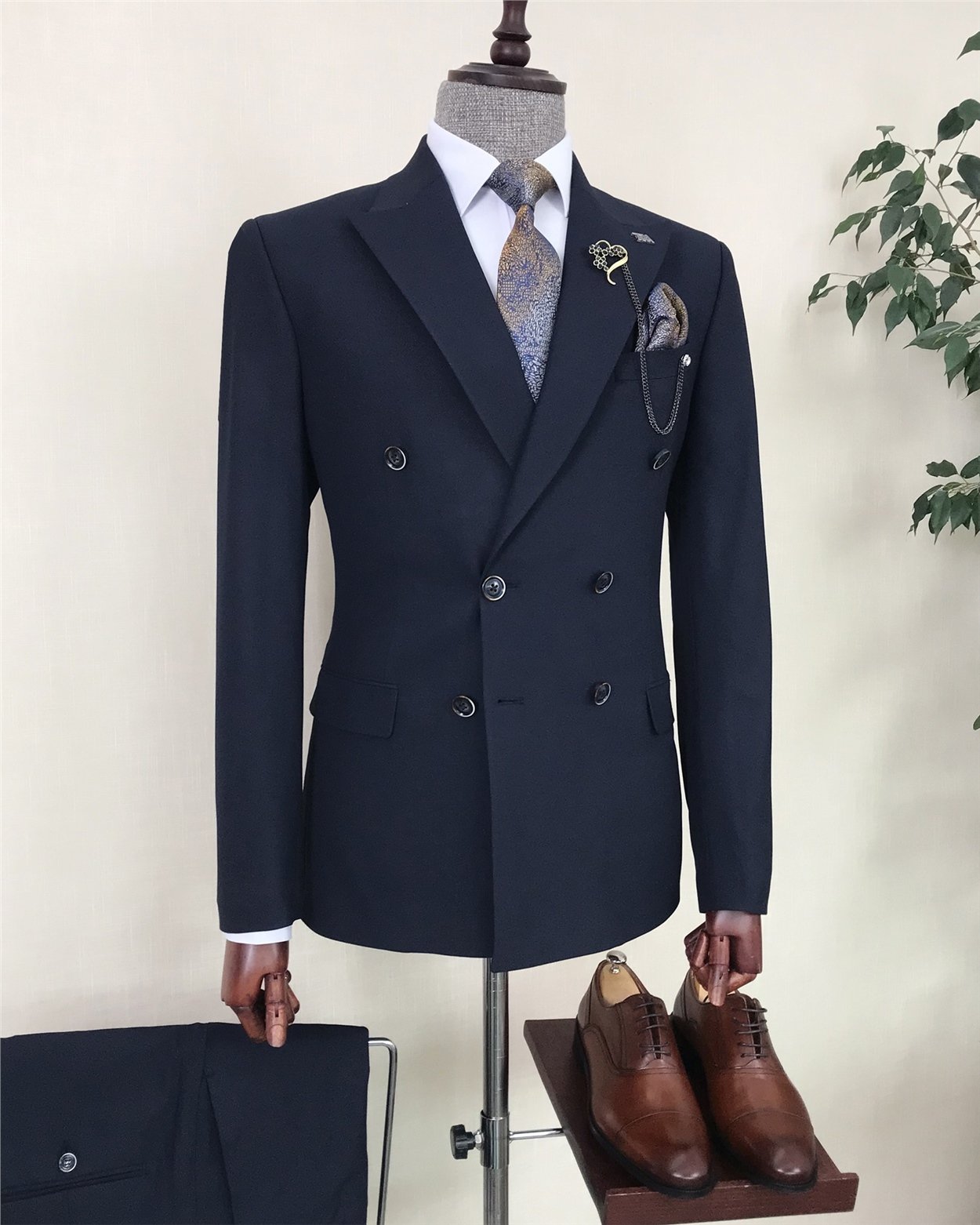 İtalyan stil kruvaze ceket pantolon takım elbise Lacivert T8605