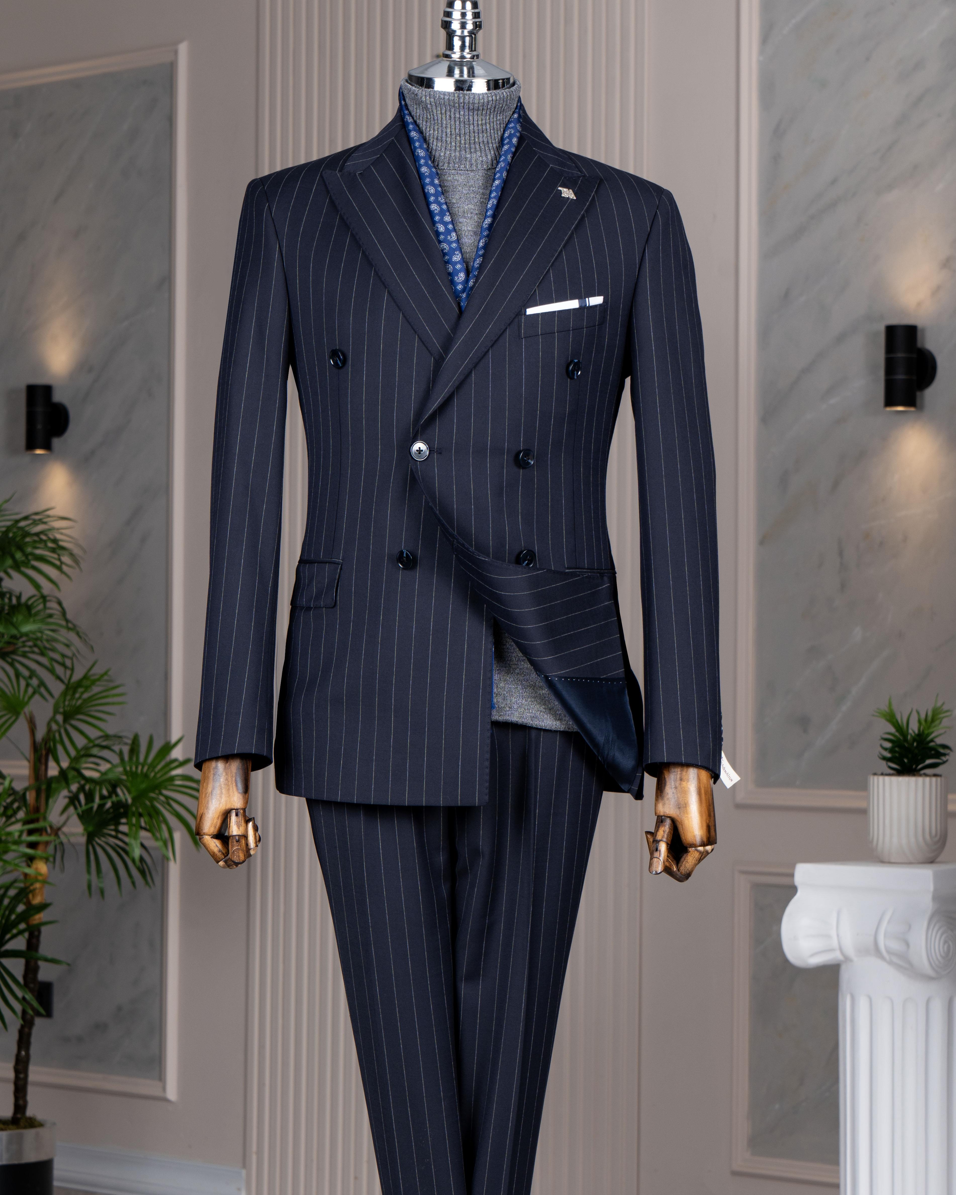 İtalyan stil kruvaze ceket pantolon takım elbise %44 yünlü lacivert T14322