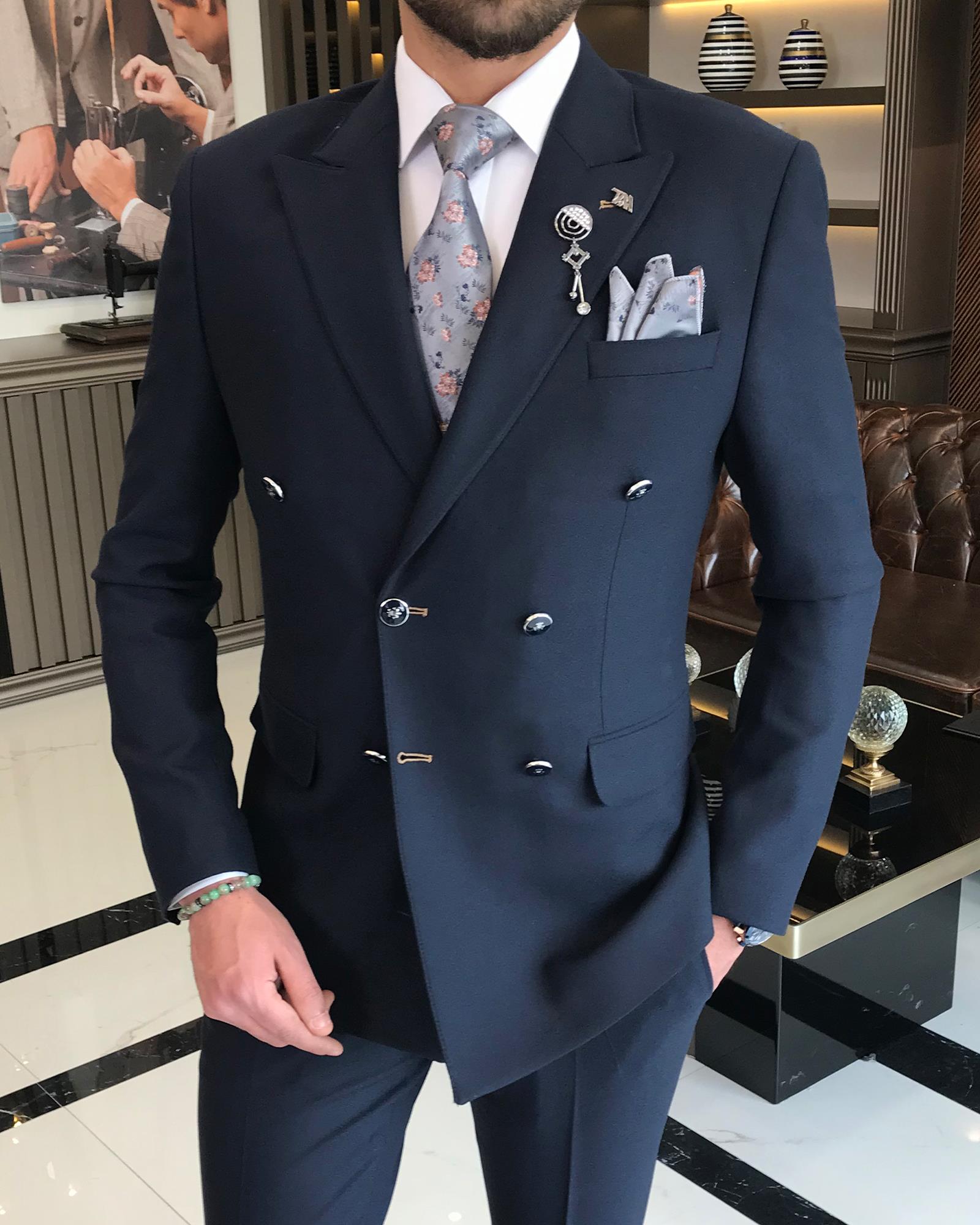 Italian Style Double Breasted Jacket Pants Suit Navy Blue T8350