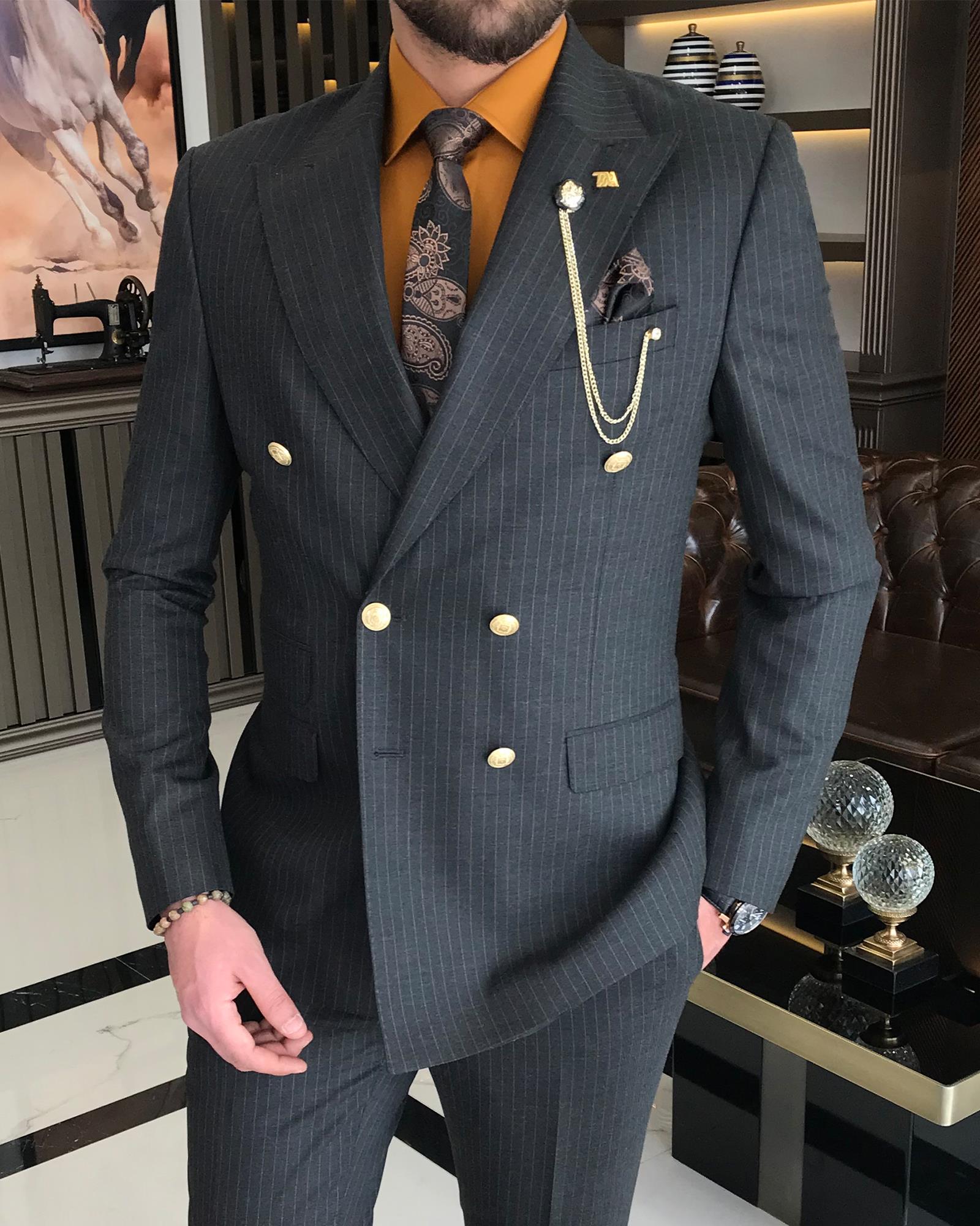 Italian Style Cruiser Striped Jacket Trousers Suit Suite Anthracit T8687