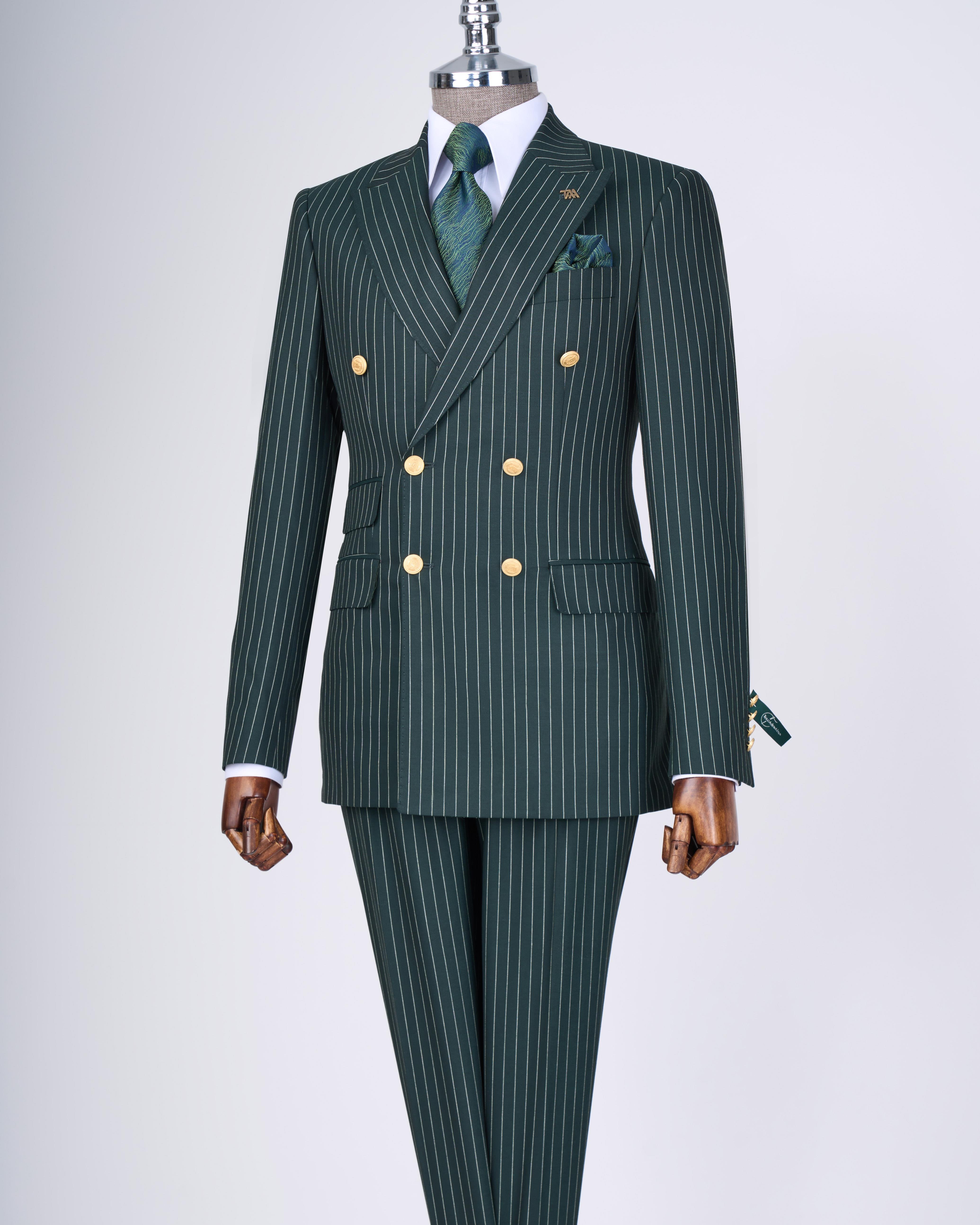 Italian style double-breasted striped jacket trouser suit green T13280