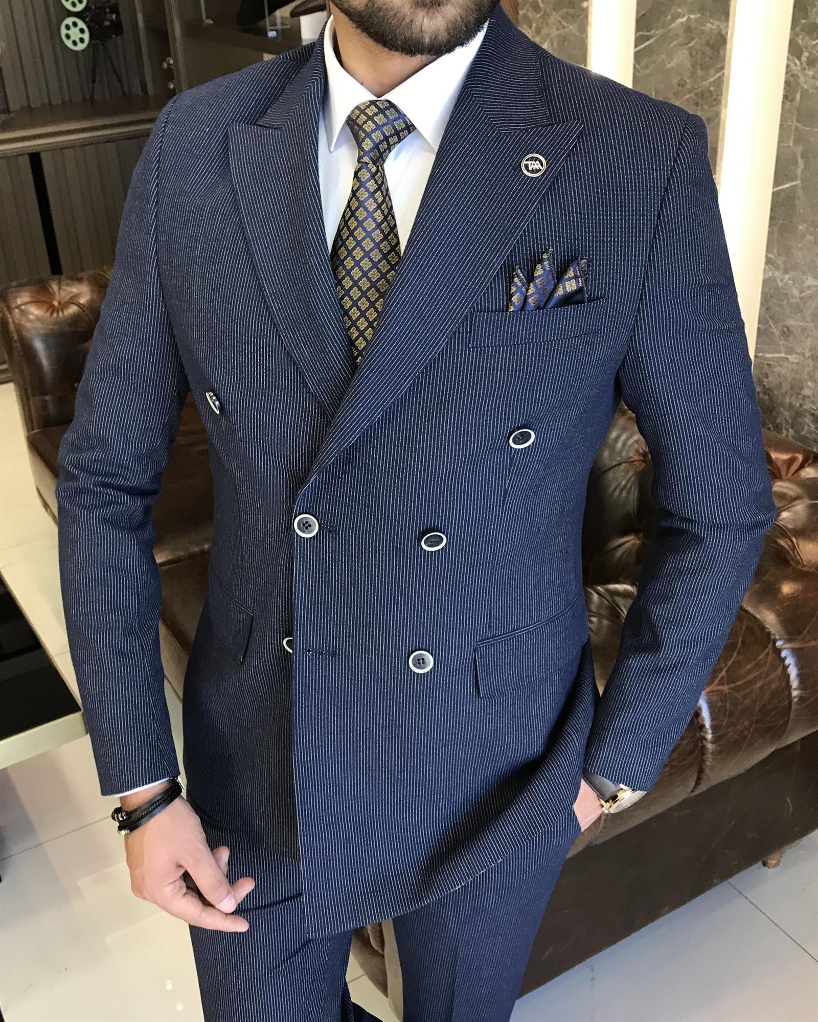 Italian Style Cruiser Striped Jacket Trousers Suit Navy Blue T8346