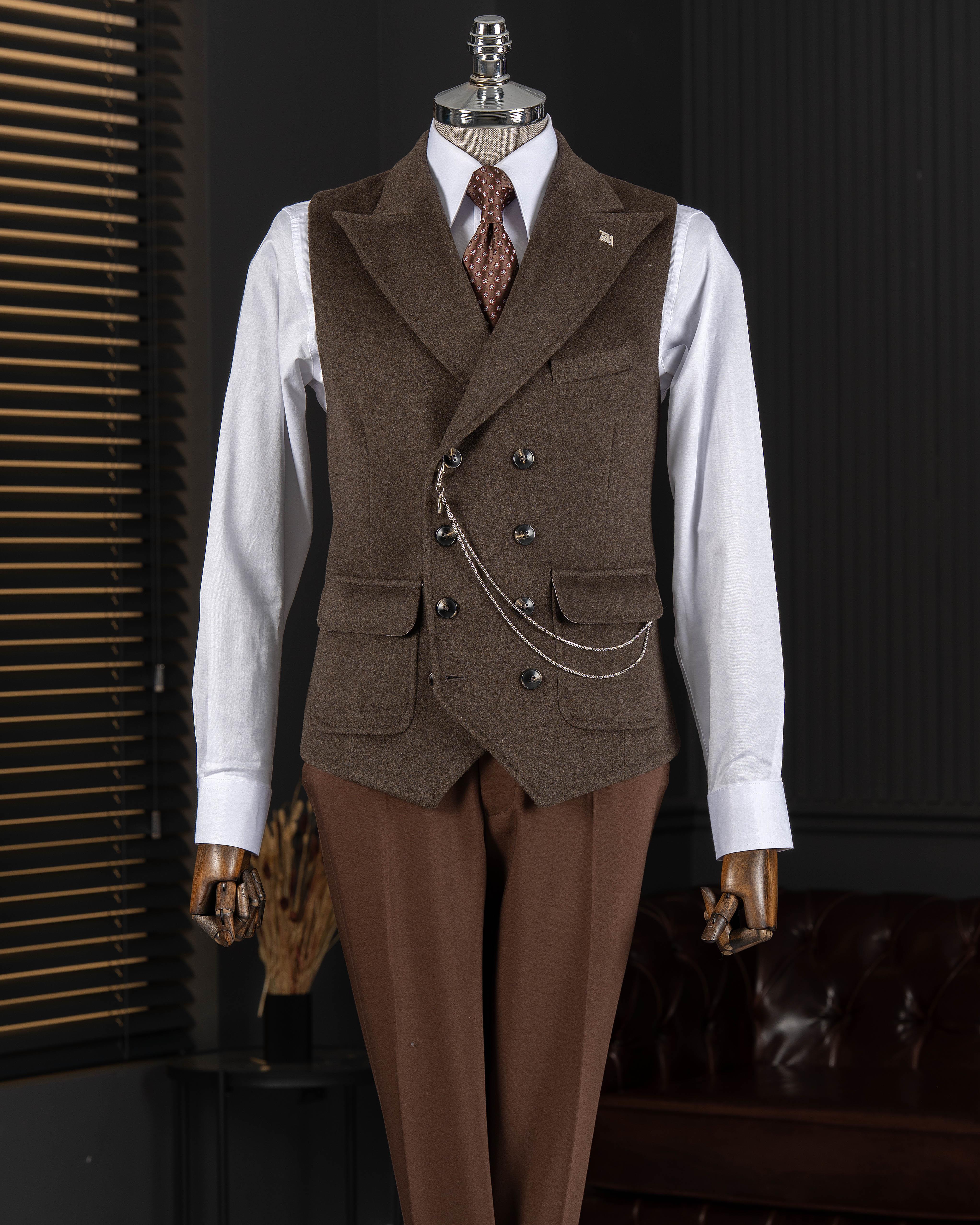 İtalyan stil kruvaze kaşe cepken yelek kahverengi T20017-03