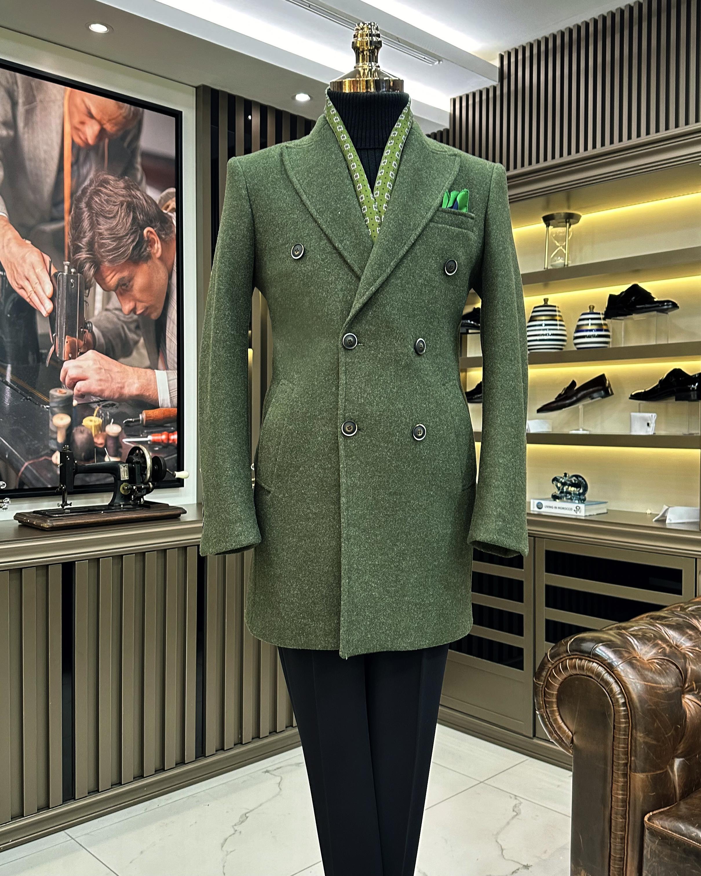 Italian style double-breasted wool-blend stamp men's coat green T11011