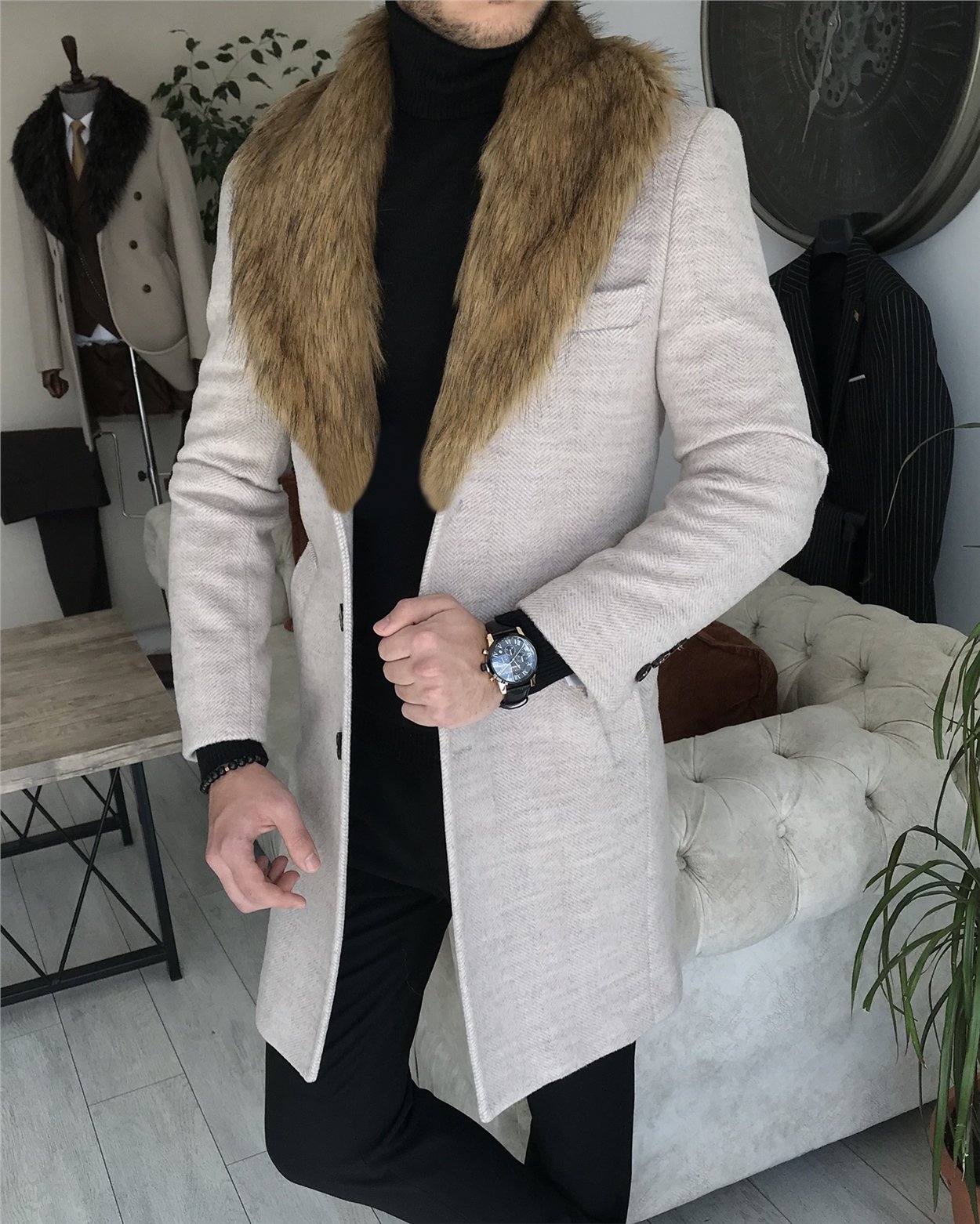 İtalyan stil kürk yaka yün kaşe kaban Bej T6804
