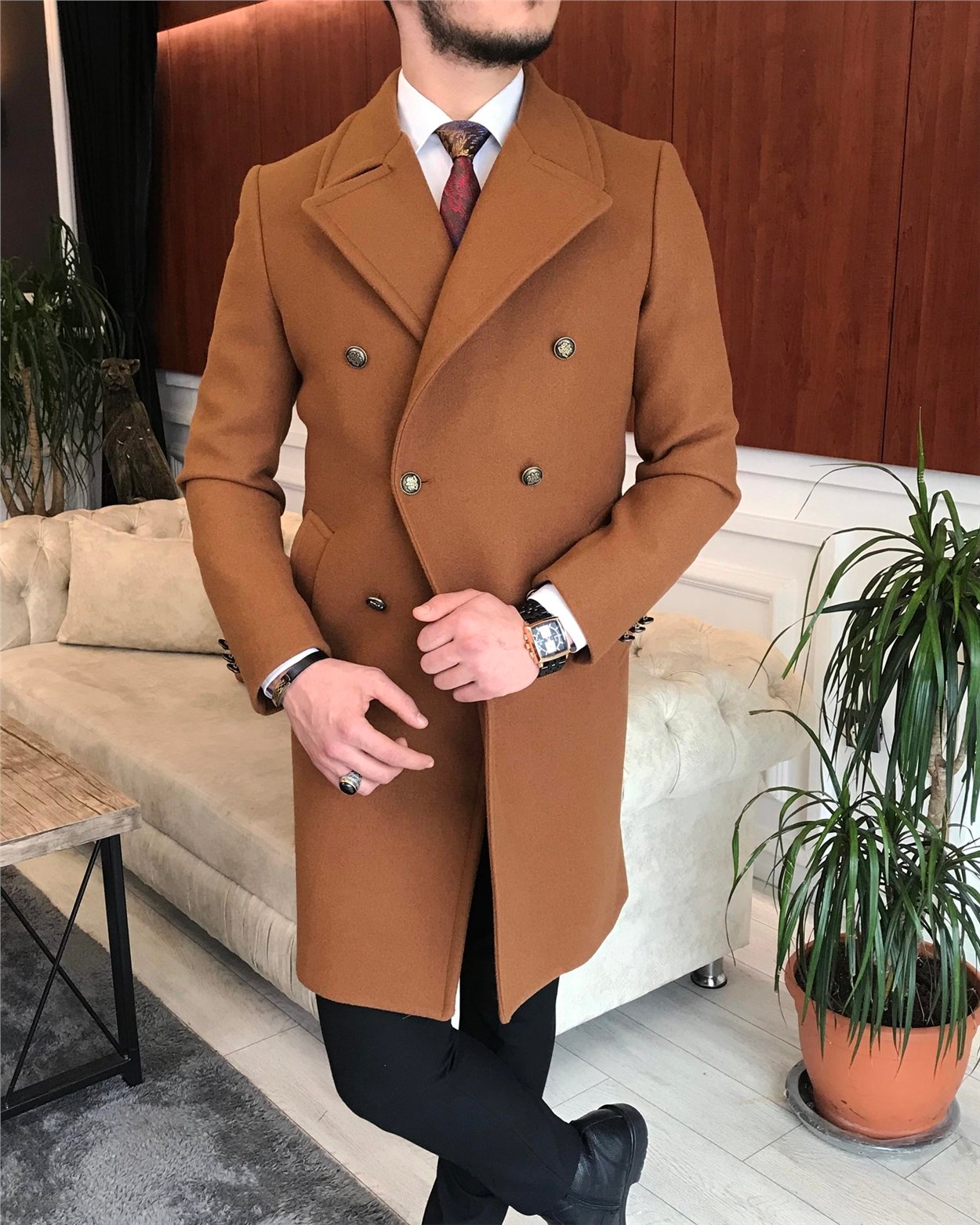İtalyan stil metal düğme kruvaze yün kaşe kaban Camel T6823