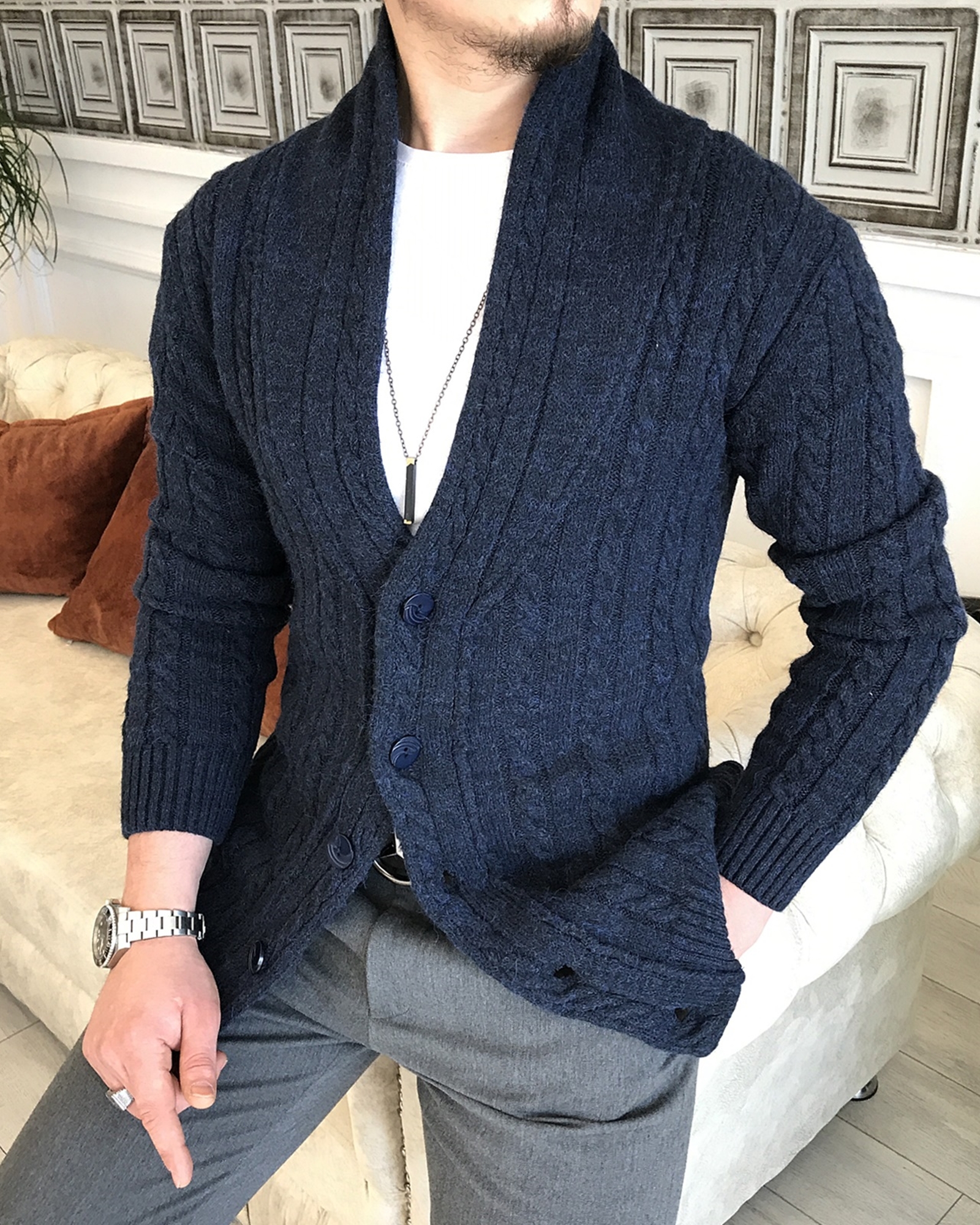 Italian style seasonal men's hair knit cardigan knitwear Navy T5169 Italian style seasonal men's hair knit cardigan knitwear Navy T5169