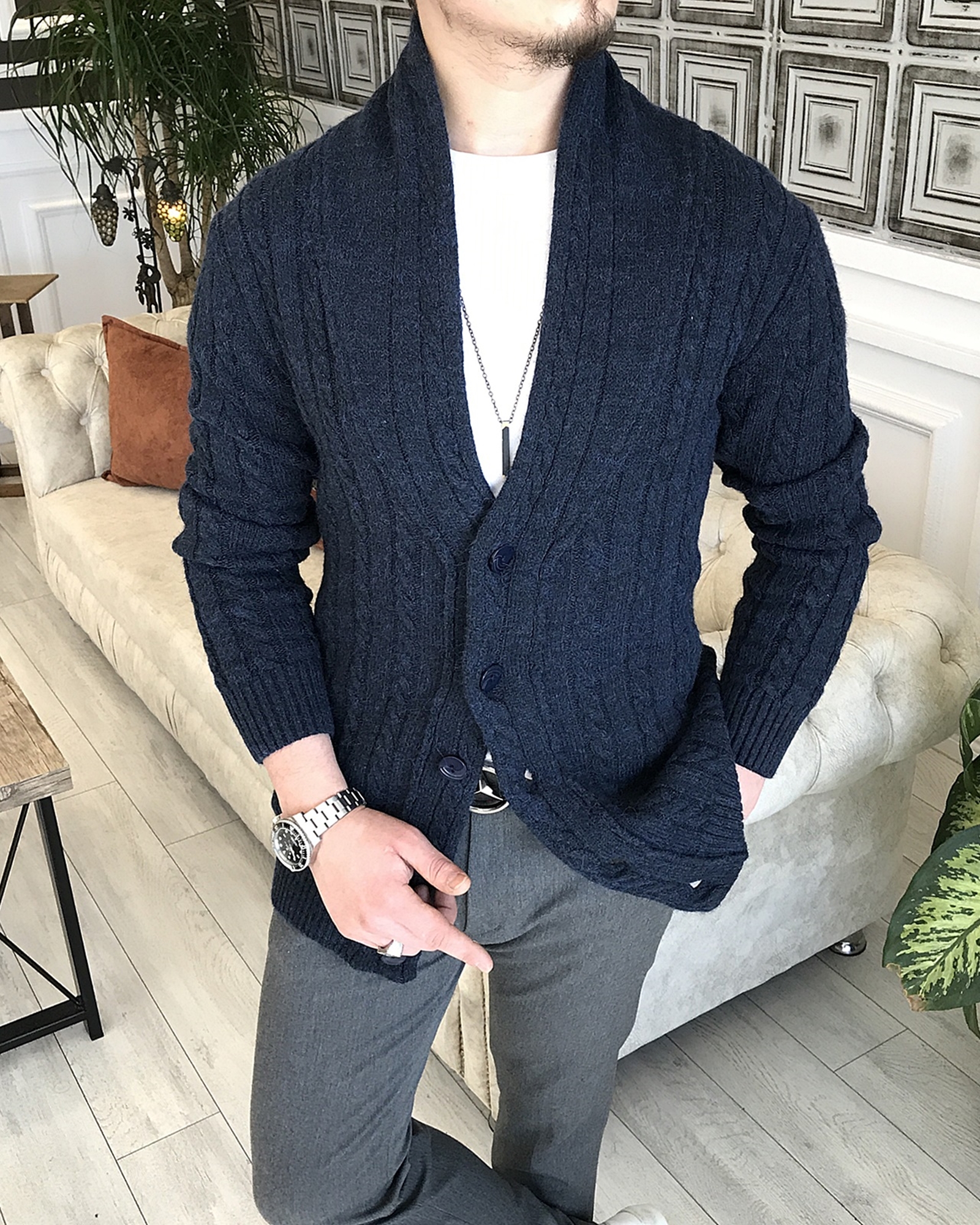 Italian style seasonal men's hair knit cardigan knitwear Navy T5169 Italian style seasonal men's hair knit cardigan knitwear Navy T5169