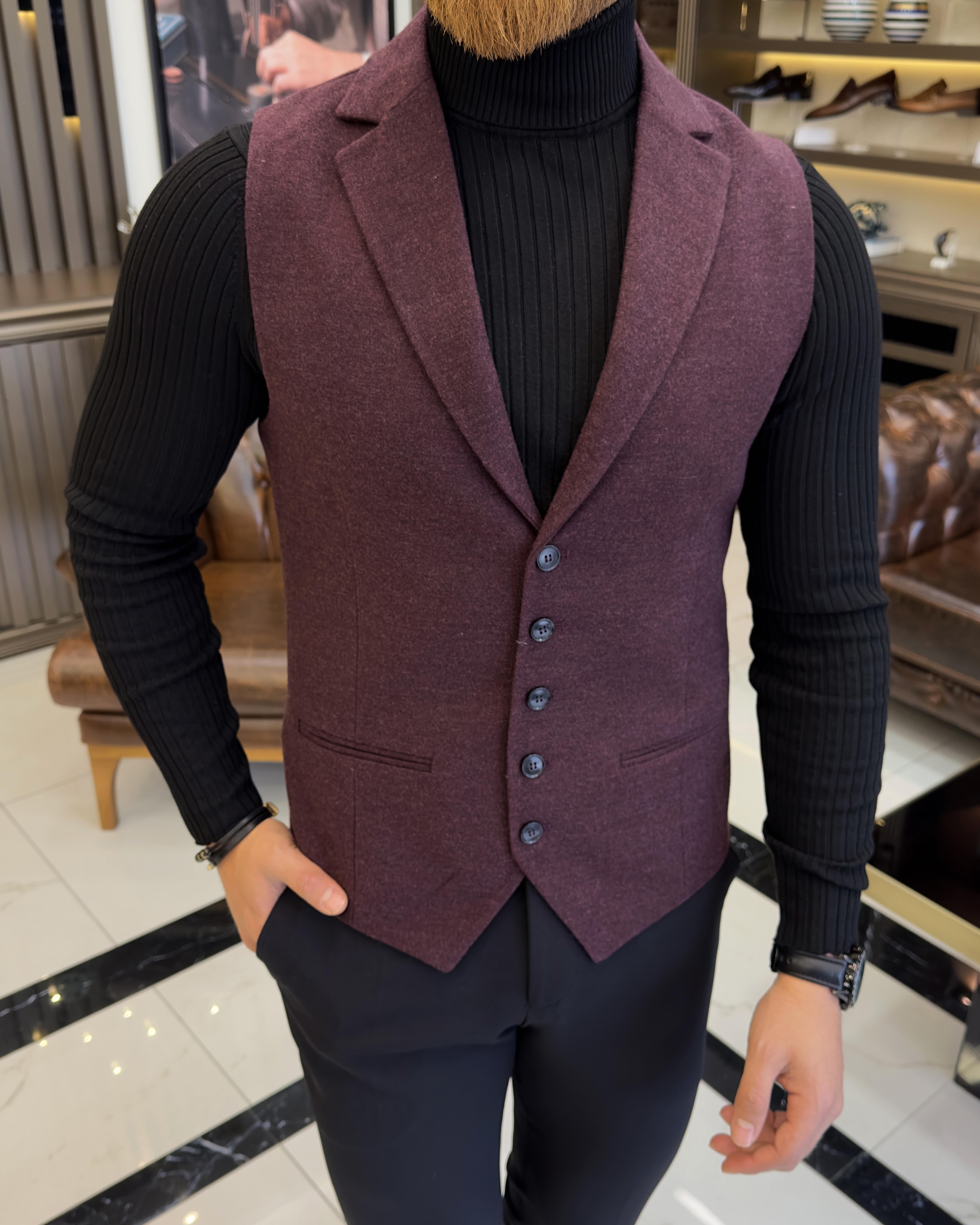 İtalyan stil mono yaka cepken yelek bordo T10477