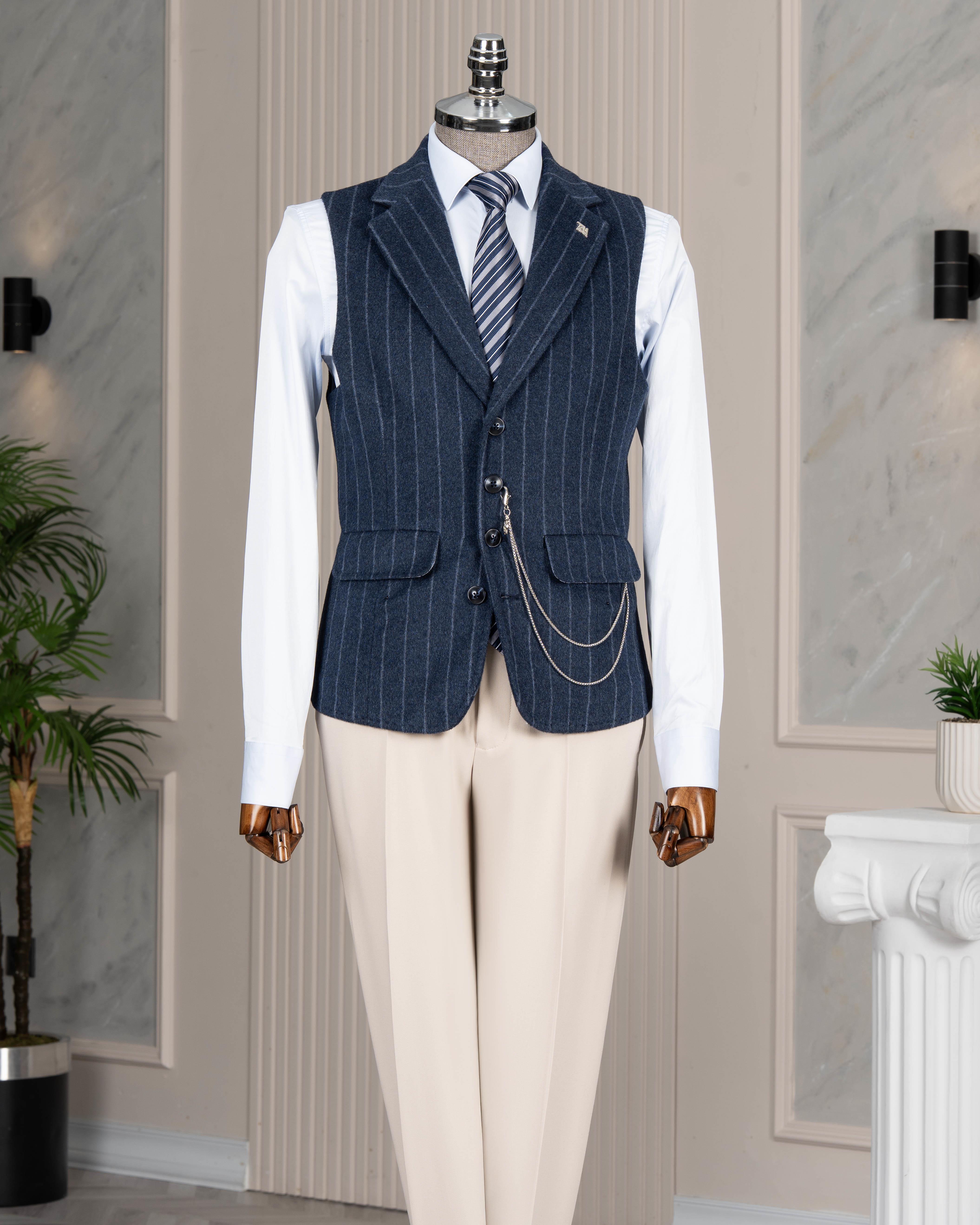 İtalyan stil mono yaka çizgili kaşe cepken yelek lacivert T20012-02