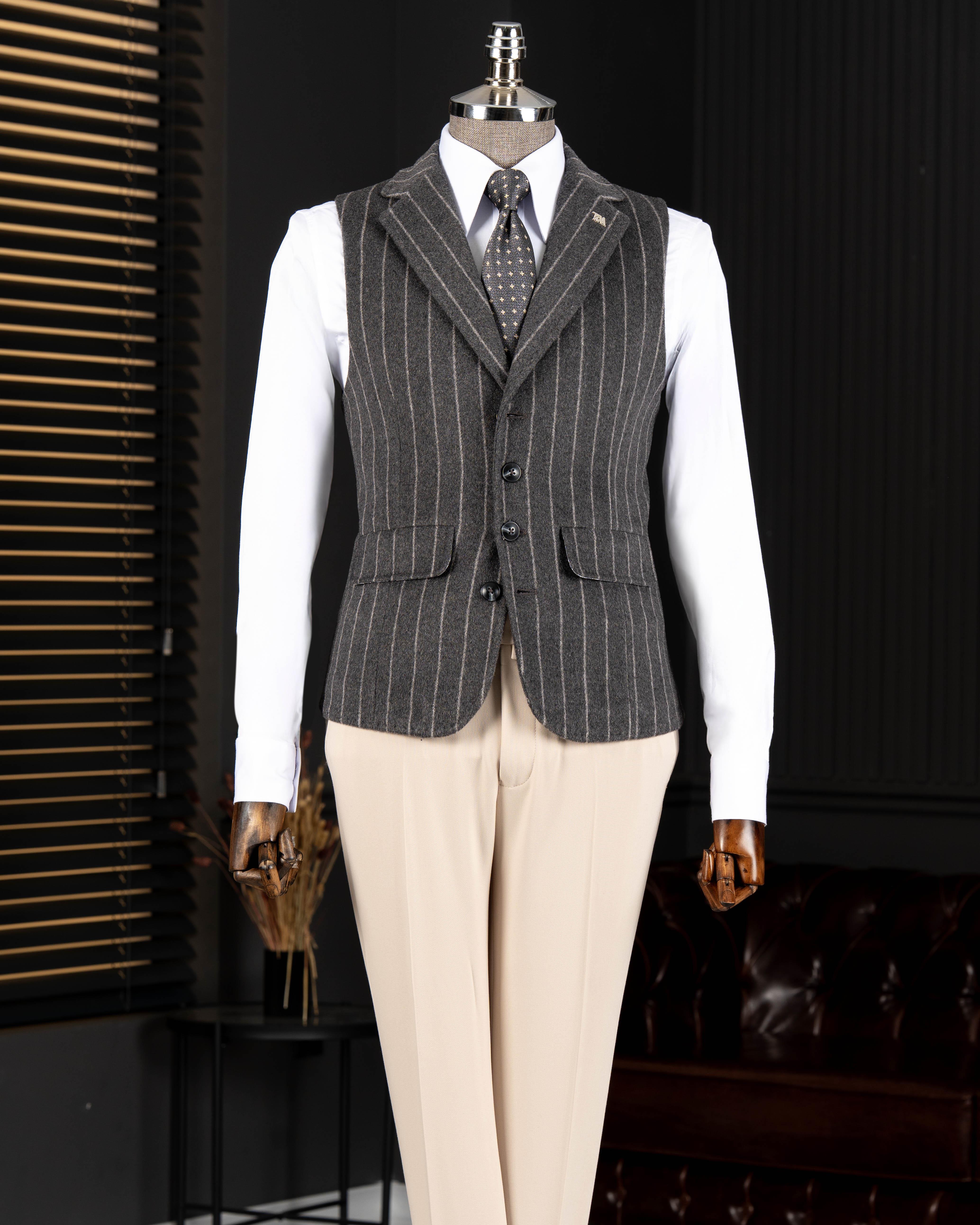 İtalyan stil mono yaka çizgili kaşe cepken yelek antrasit T20012-08