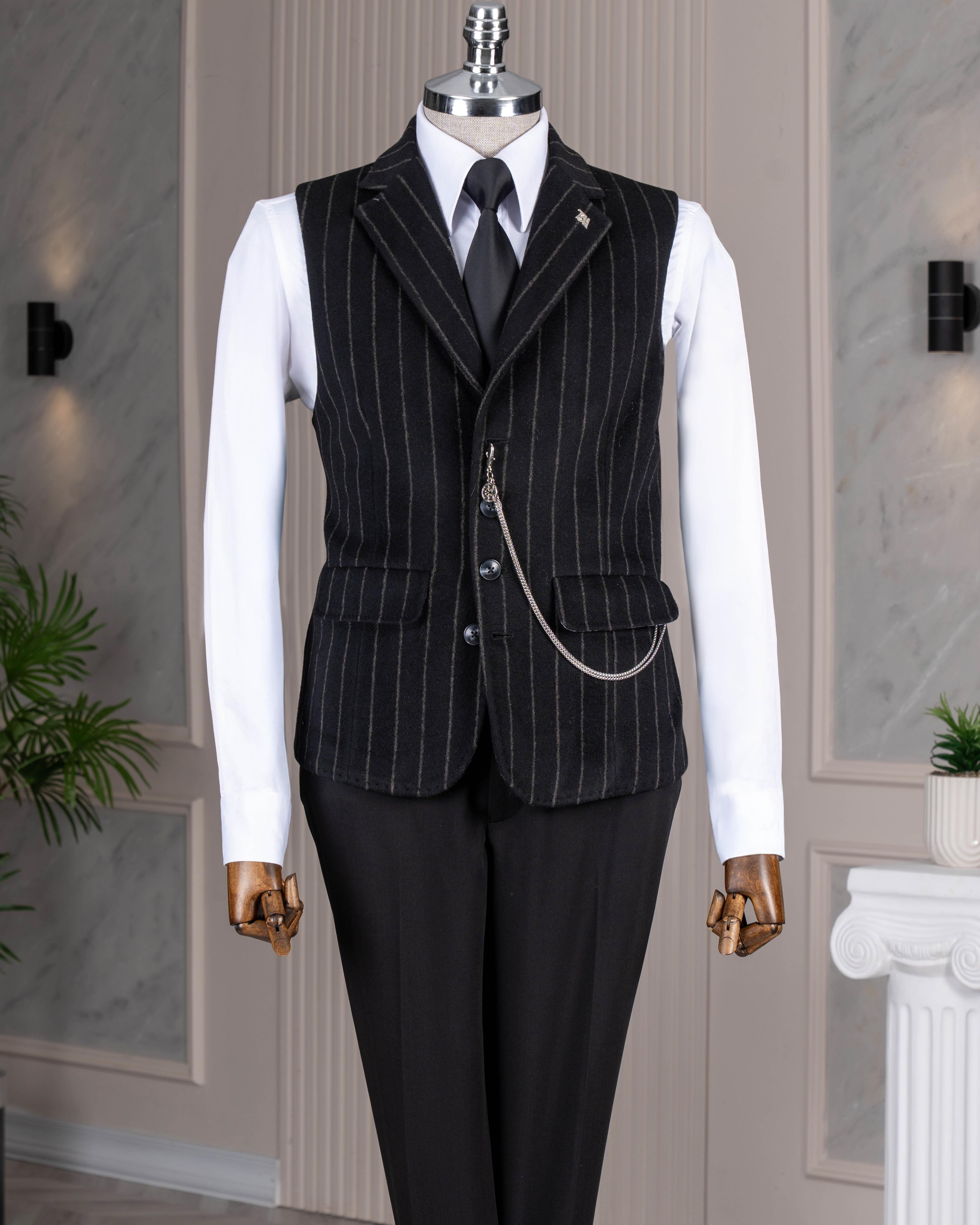 İtalyan stil mono yaka çizgili kaşe cepken yelek siyah T20012-01